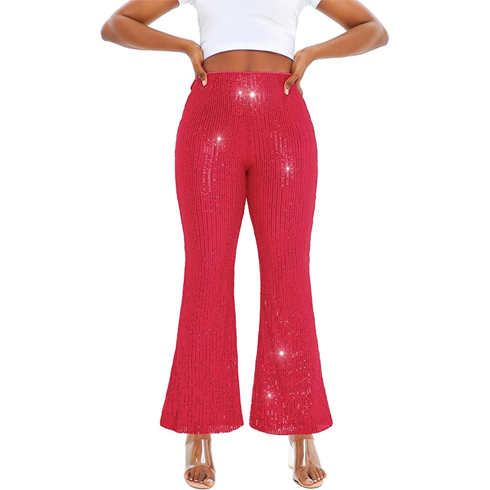 Women Glitter Sequin Wide Leg Pants High Waist Flared Bell-bottom Trousers Slim Fit Party Clubwear Shiny Sparkly Pants B-Rose Red