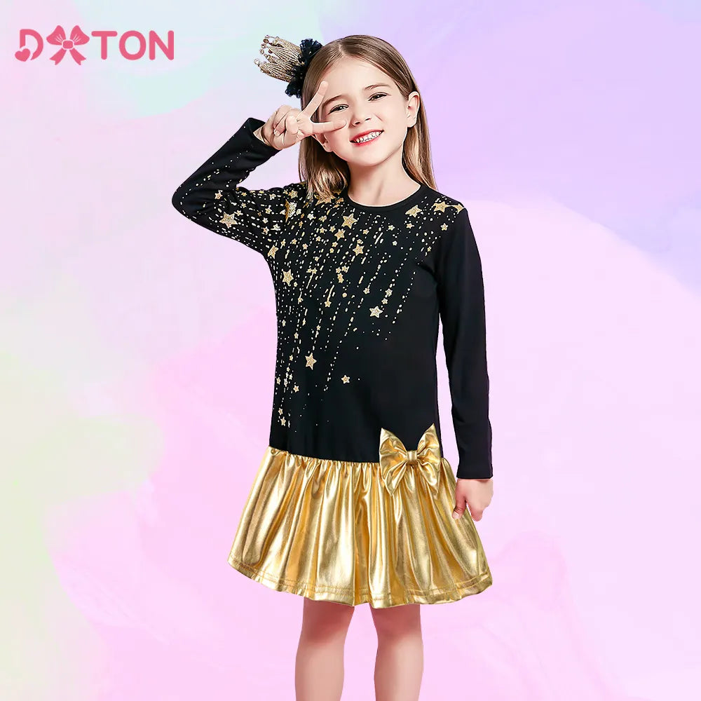 DXTON 2024 Christmas Girls Dress With Bow Star Sequin Children New Year Party Clothes Patchwork Cotton Winter Kids Baby Dresses