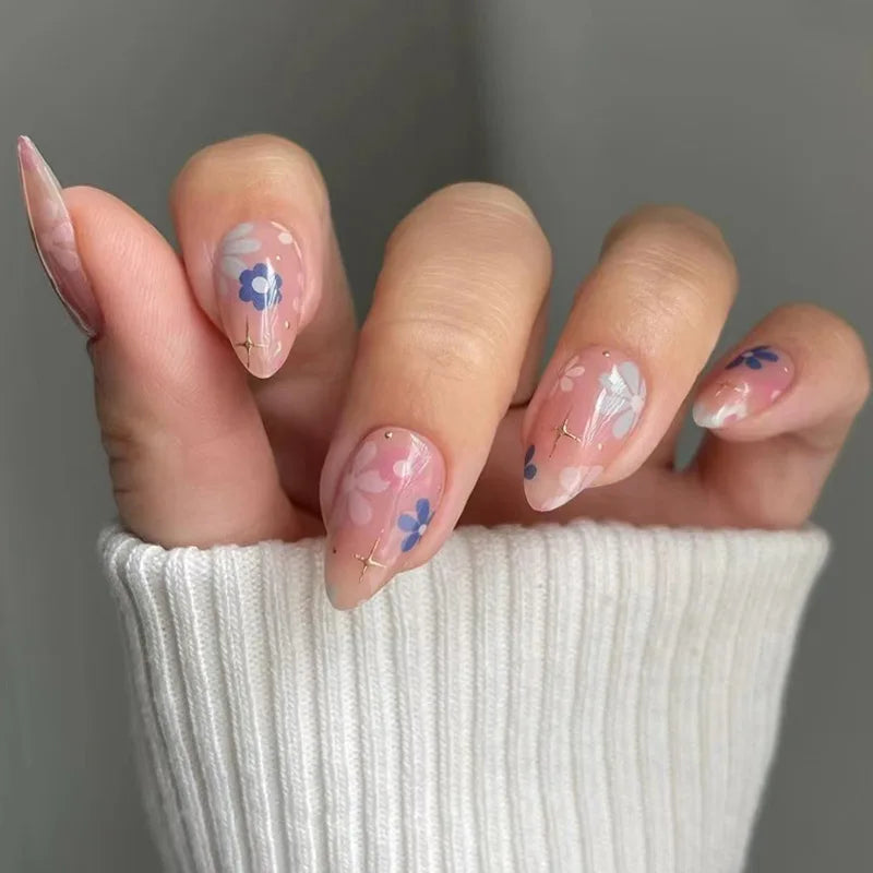 24Pcs Short Round Head Fake Nails Press on Colorful Flower with Design Full Cover Nails Tips Art Wearable Artificial False Nails