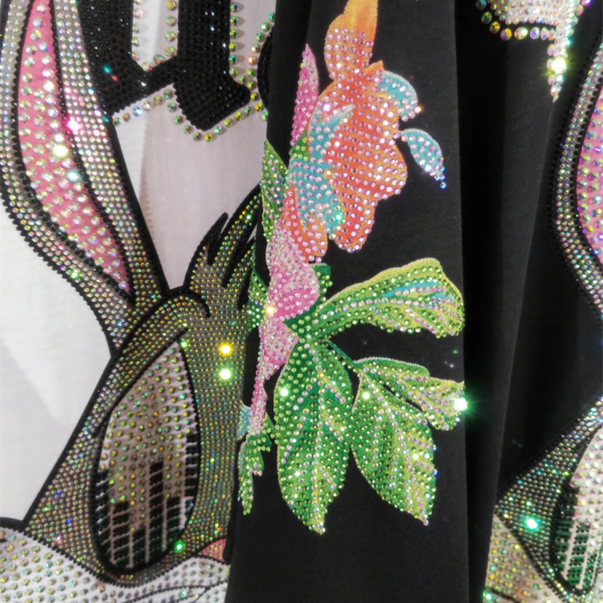 XL-4XL Plus Size Women Clothing Rhinestone Rabbit Cool Women's T-shirt Large Size Gothic Big Size Short Sleeve Tunic Tops 150KG