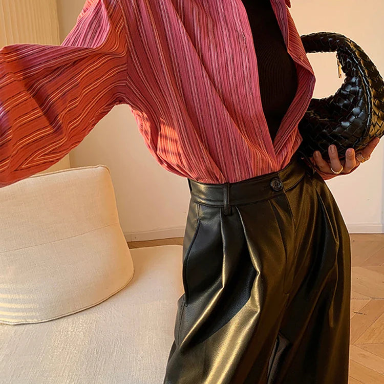 Spring Autumn Loose Casual Soft Black Burgundy Pu Leather Wide Leg Pants for Women High Waist Korean Style Fashion 2023 Black