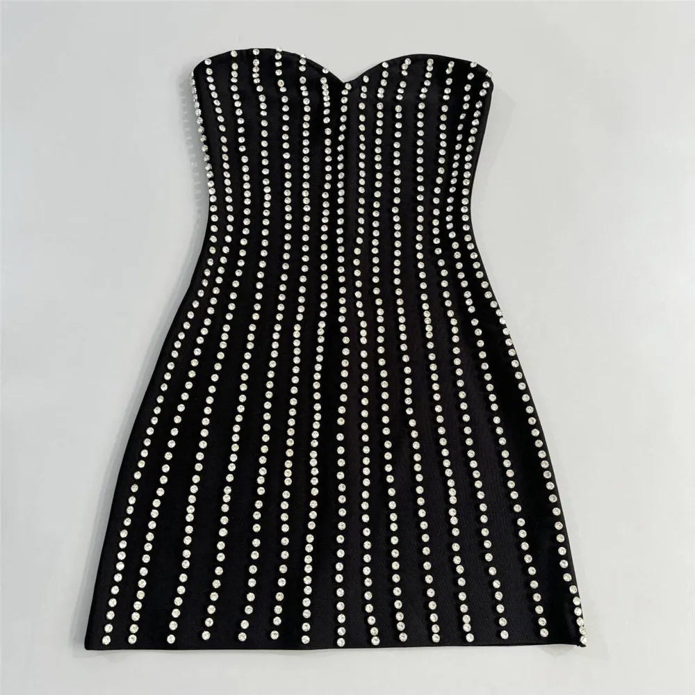 Women Sexy Strapless Shinning Diamond Bodycon Mini Bandage Dress Nightclub Party Celebrate Birthday Outfit