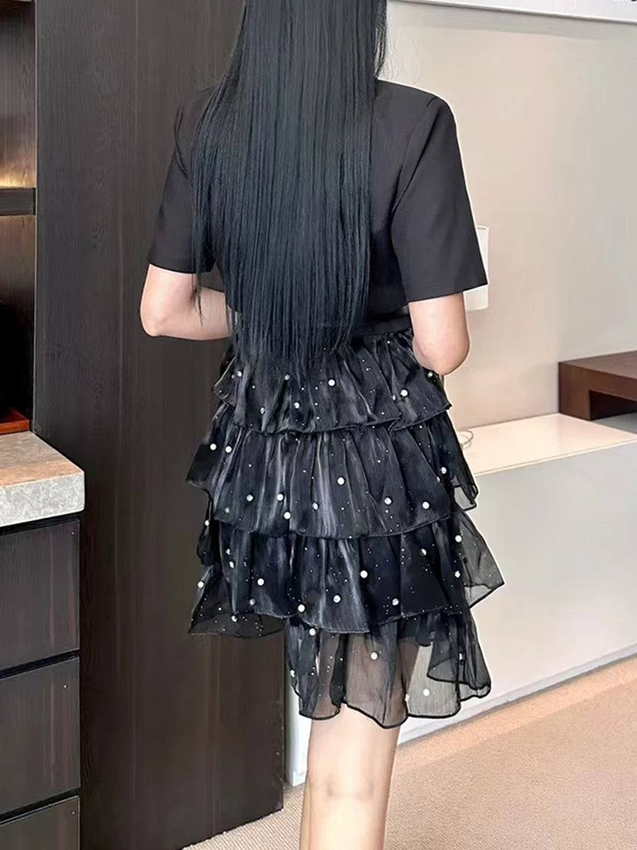 TWOTWINSTYLE Solid Spliced Bead Belt Elegant Dresses for Women Lapel Short Sleeves Patchwor Ruffles Dress Female Clothing New