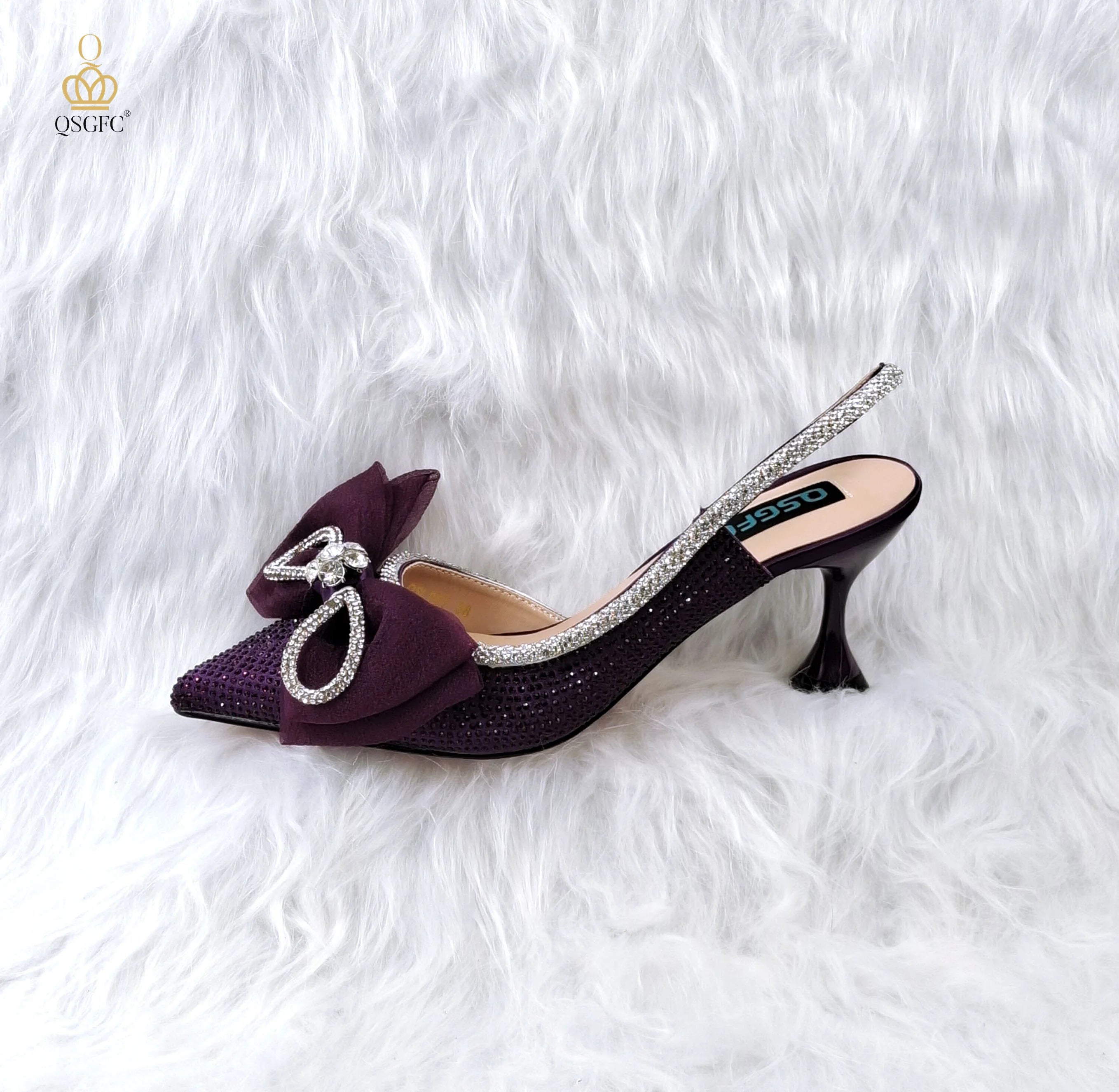 Style Rhinestone Bow Side Empty Party High Heels Pointed Toe Stiletto Heels Silver Women's Shoes And Bags ONLY SHOES D. PURPLE