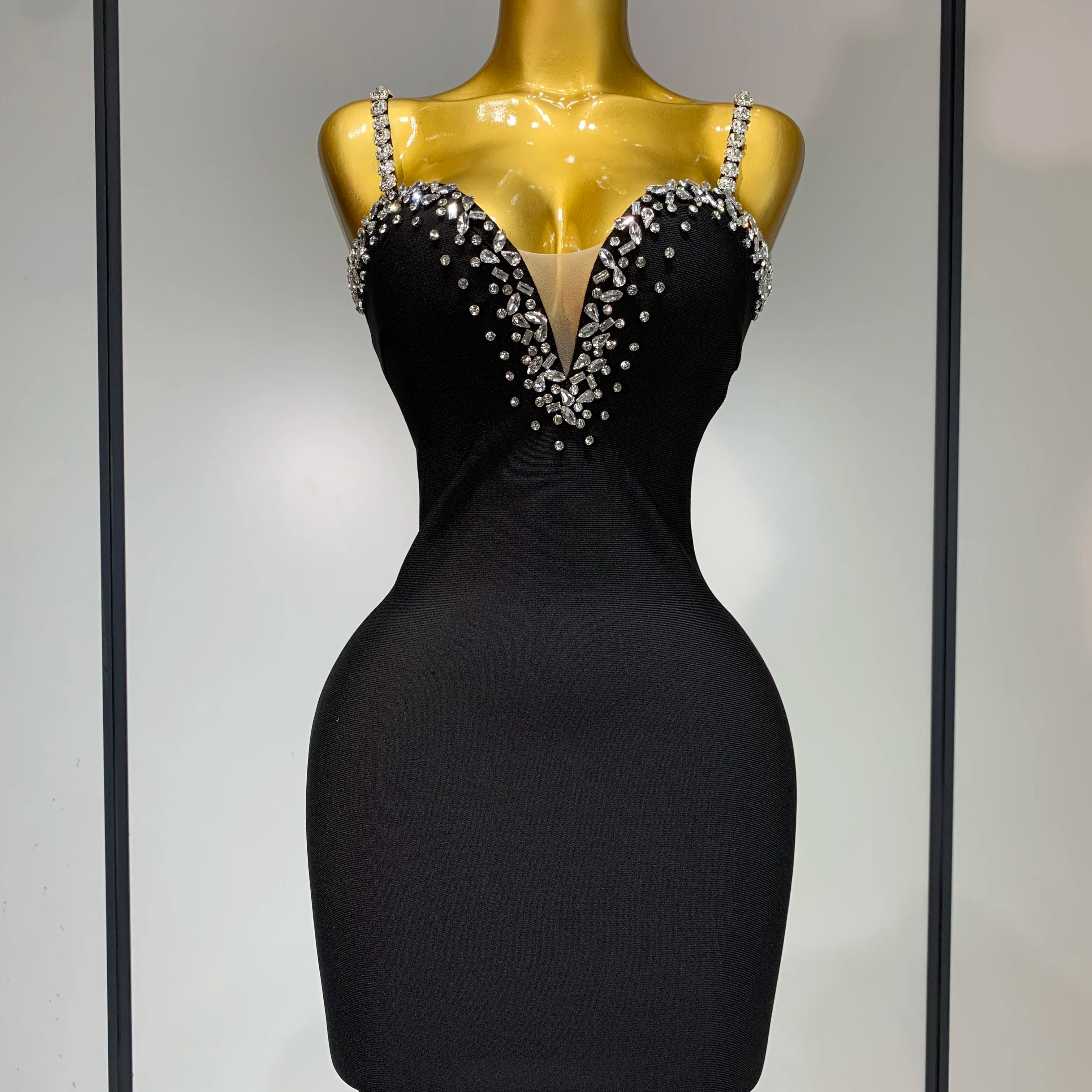 Women Sexy Sling V-neck Black Mini Bodycon Bandage Dress Luxury 2025 Celebrity Evening Club Celebrity Elegant Party Gowns