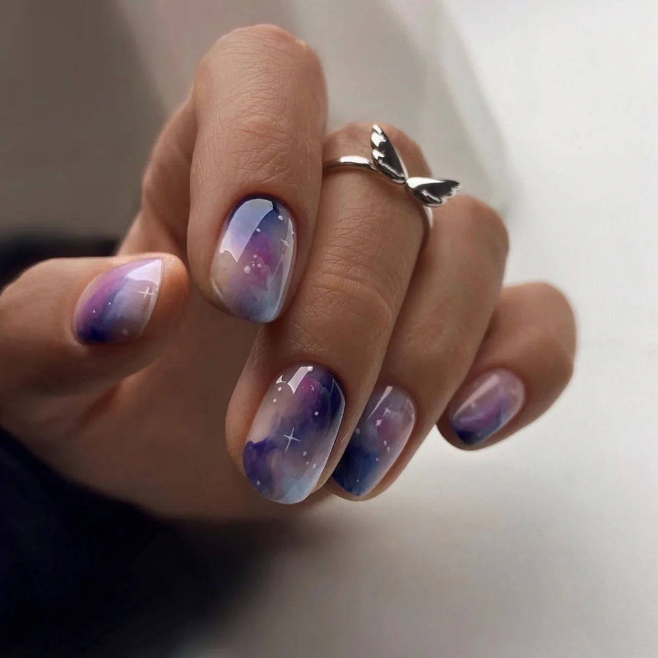 24pcs/set medium long fake nails for women starry star moon planet gradient glitter design almond ballet tip press on false nail