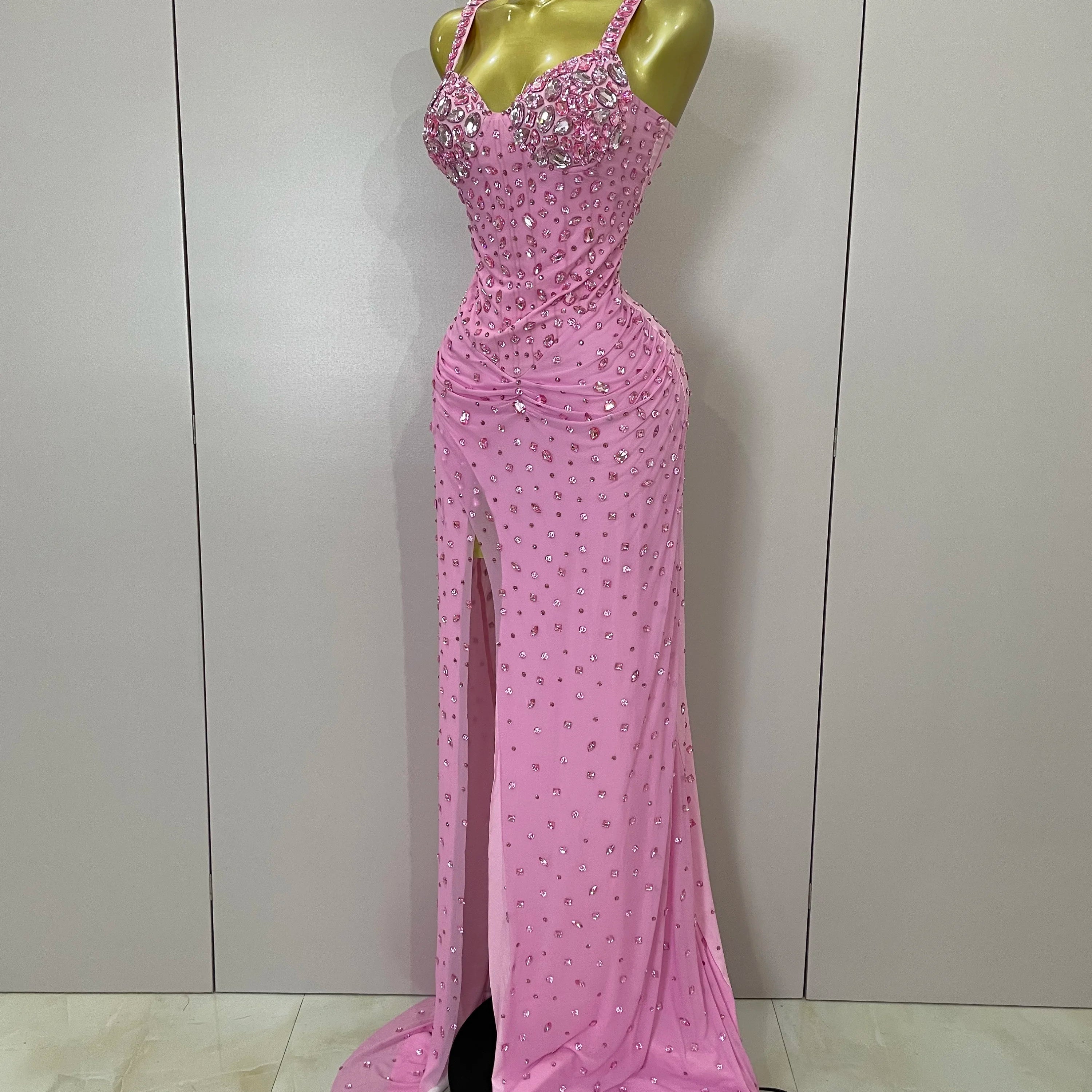 Luxury Pink Rhinestones Split Floor Length Dress 2025 Women Sexy Evening Celebrate Birthday Party Dress Photoshoot Stage Wear