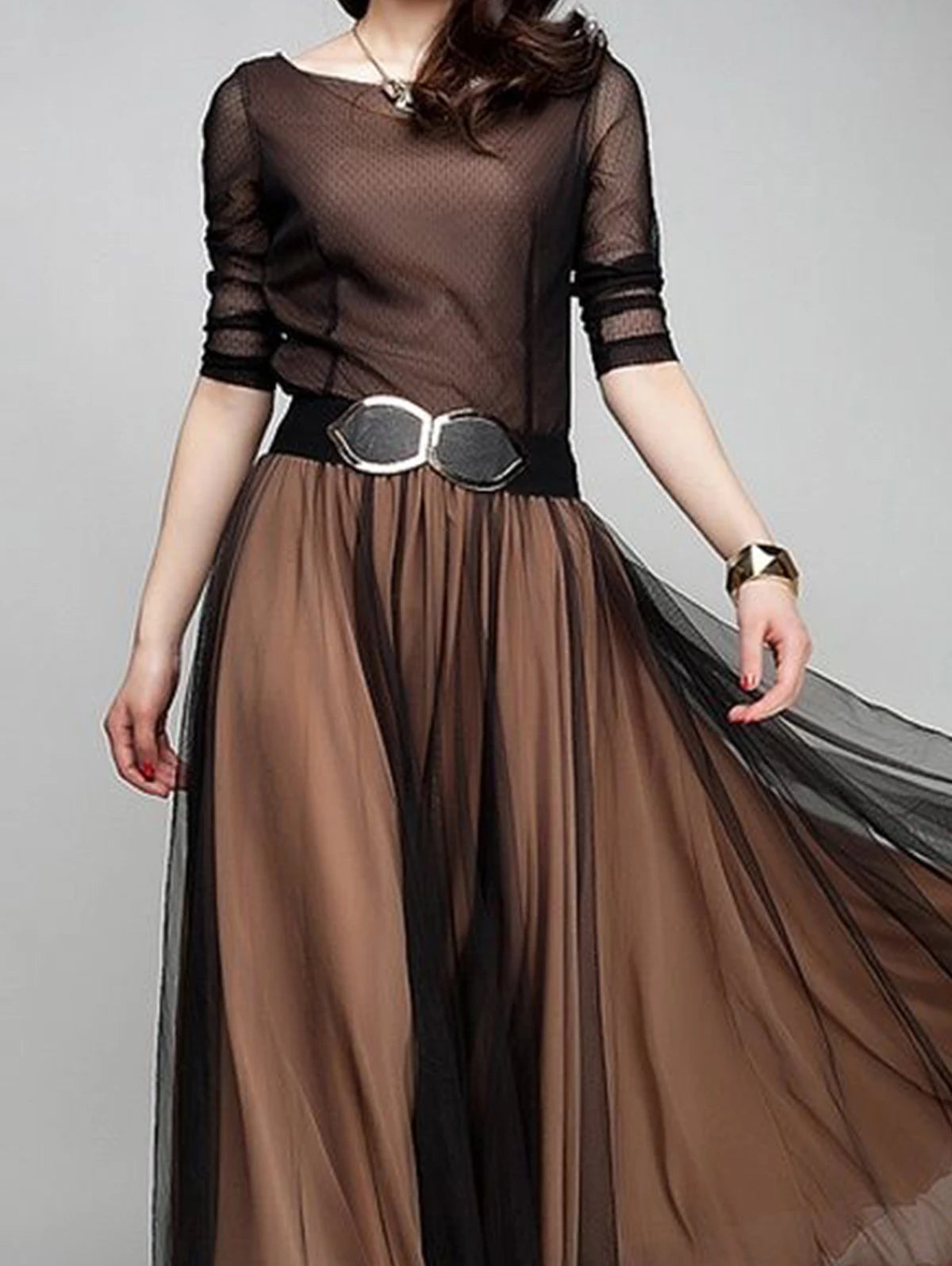 Women Plus Size Elegant Plain Boat Neck Dress Mesh Transparent Pleated A-Line Autumn Flowy Hem Wedding Guest Fashion Maxi Dress