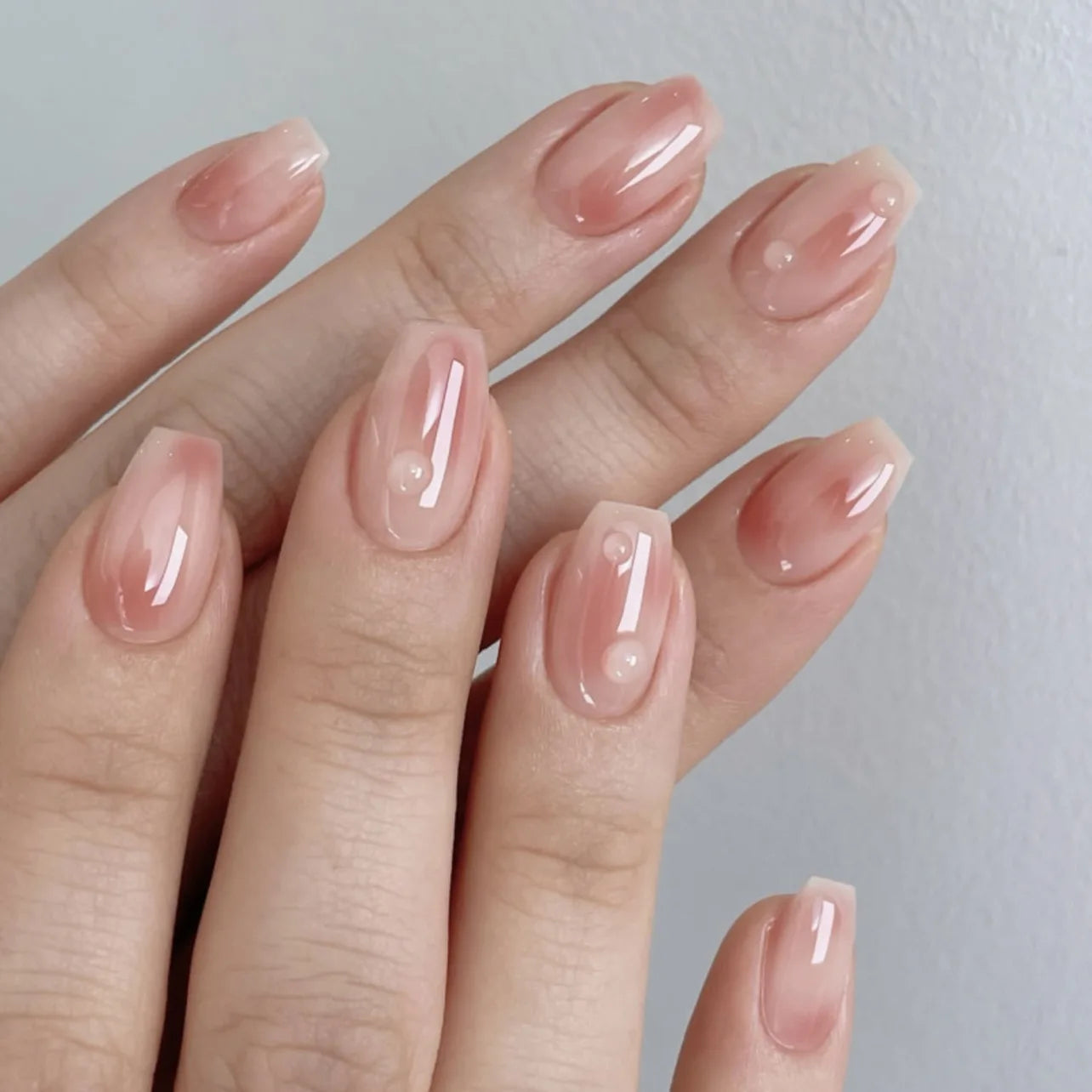 24Pcs Pink Glossy Short Square Head Press on Nails French White Edge Ballet Wearing Fashion Nail Tips Art Acrylic Fake Nails Set