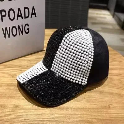 Summer Ladies Baseball Cap Korean Wild Spring and Autumn Rhinestone Caps Fashion Personality Street Highlights Hip-hop Hats PZ Black and White 55-60cm