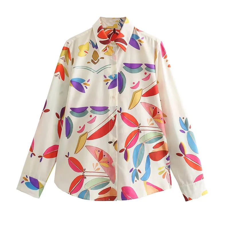 TRAFZA Women New Fashion Suit Print Turn-Down Collar Long Sleeves Buttons Single Breasted Shirts+Elastic Wais Wide Leg Pants Print Top