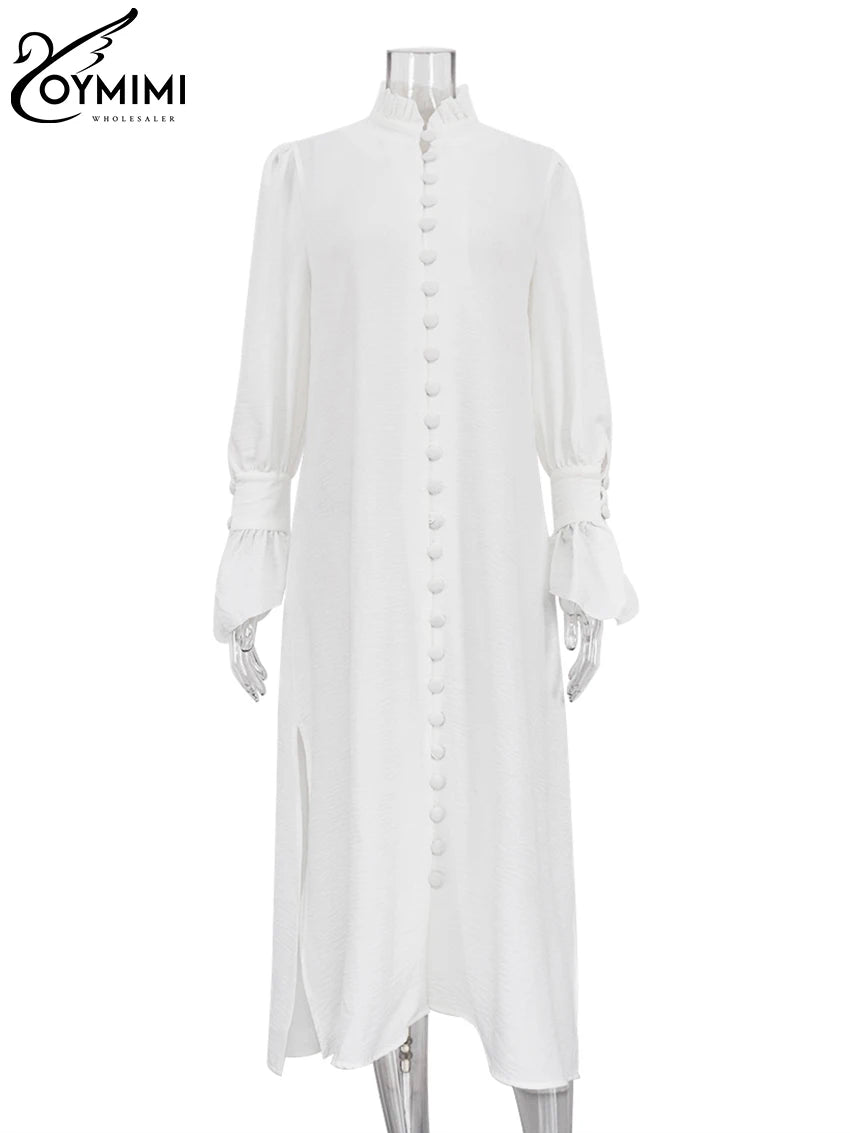 Elegant Blue Straight Womens Dresses Fashion Single Breasted Long Sleeve Dresses Casual Side Slit Mid-Calf Dress Female