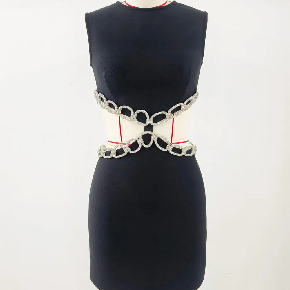 2024 Sexy Women's Waist Set with Diamond Chain Design Bandage Dress O-Neck Sleeveless Bodycon Bareback Mini Dress Party Vestidos