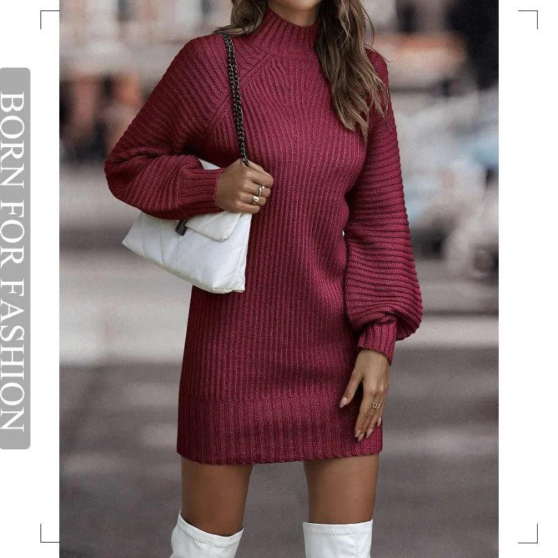 Vintage Winter Knitted Dress Ladies Chic Turtleneck Lantern Long Sleeve Mini Sweater Dresses for Women Clothes