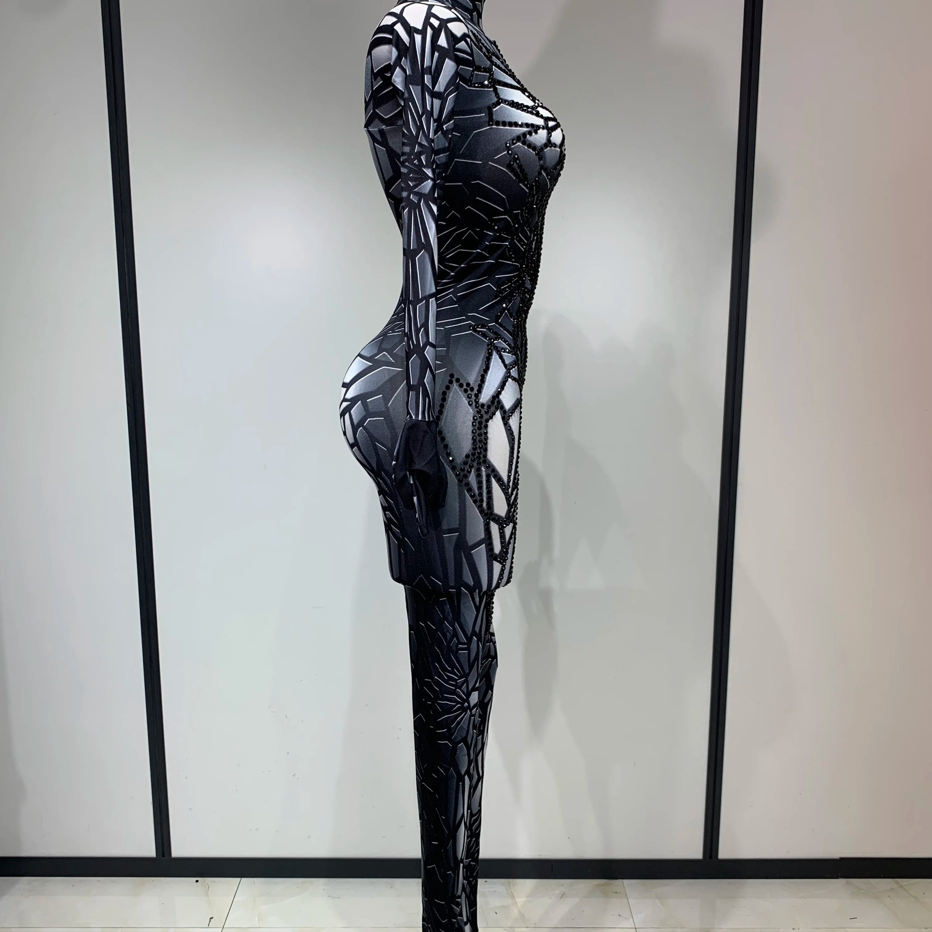 Women Sexy Black Rhinestone Stretch Bodycon Jumpsuit Club Evening Party Birthday Wear Singer Dancer Stage Perform Costume