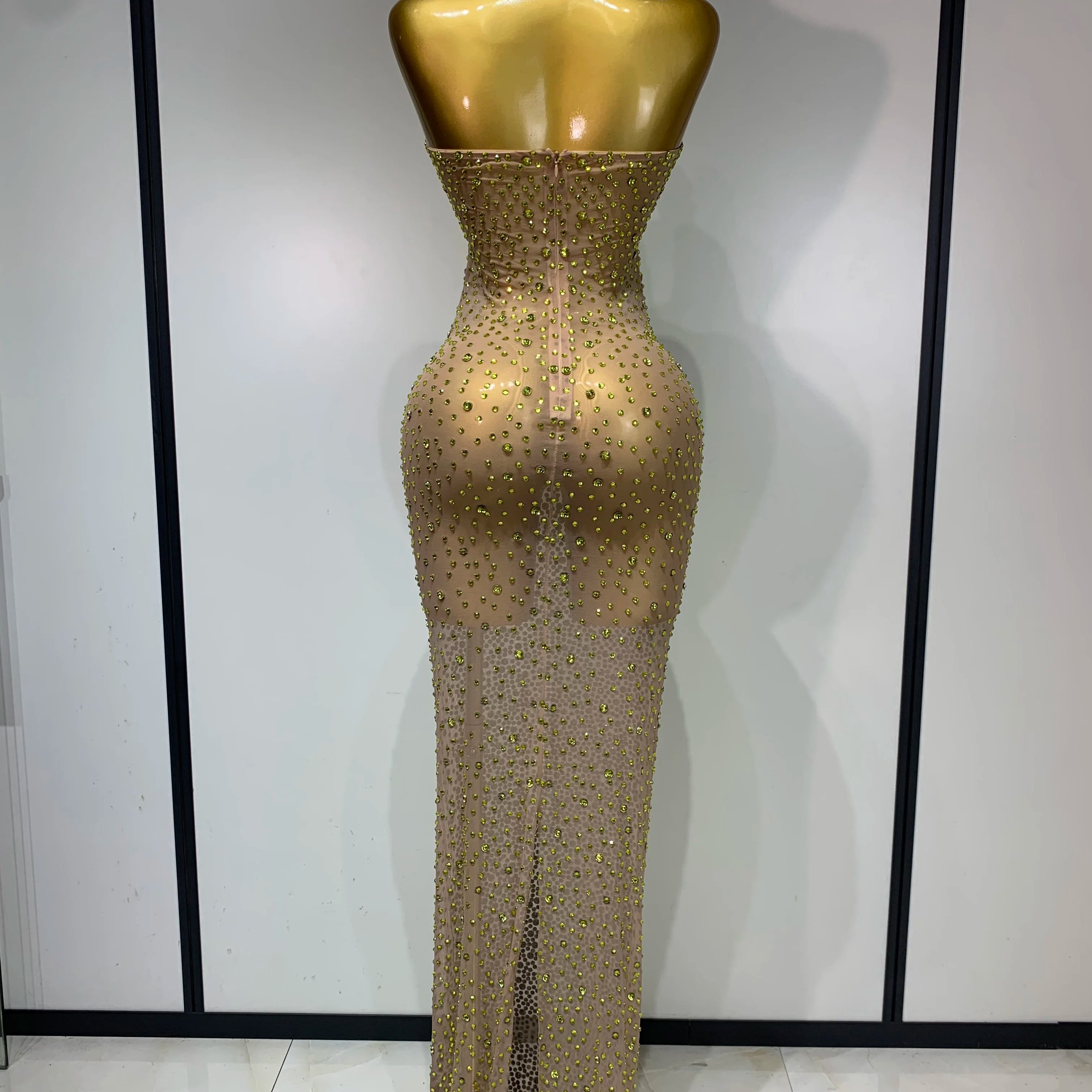 Women Luxury Birthday Celebrate Dress Dancer Party Show Stage Outfit 2025 Sparkly Rhinestone Elastic Mesh See Through Long Dress
