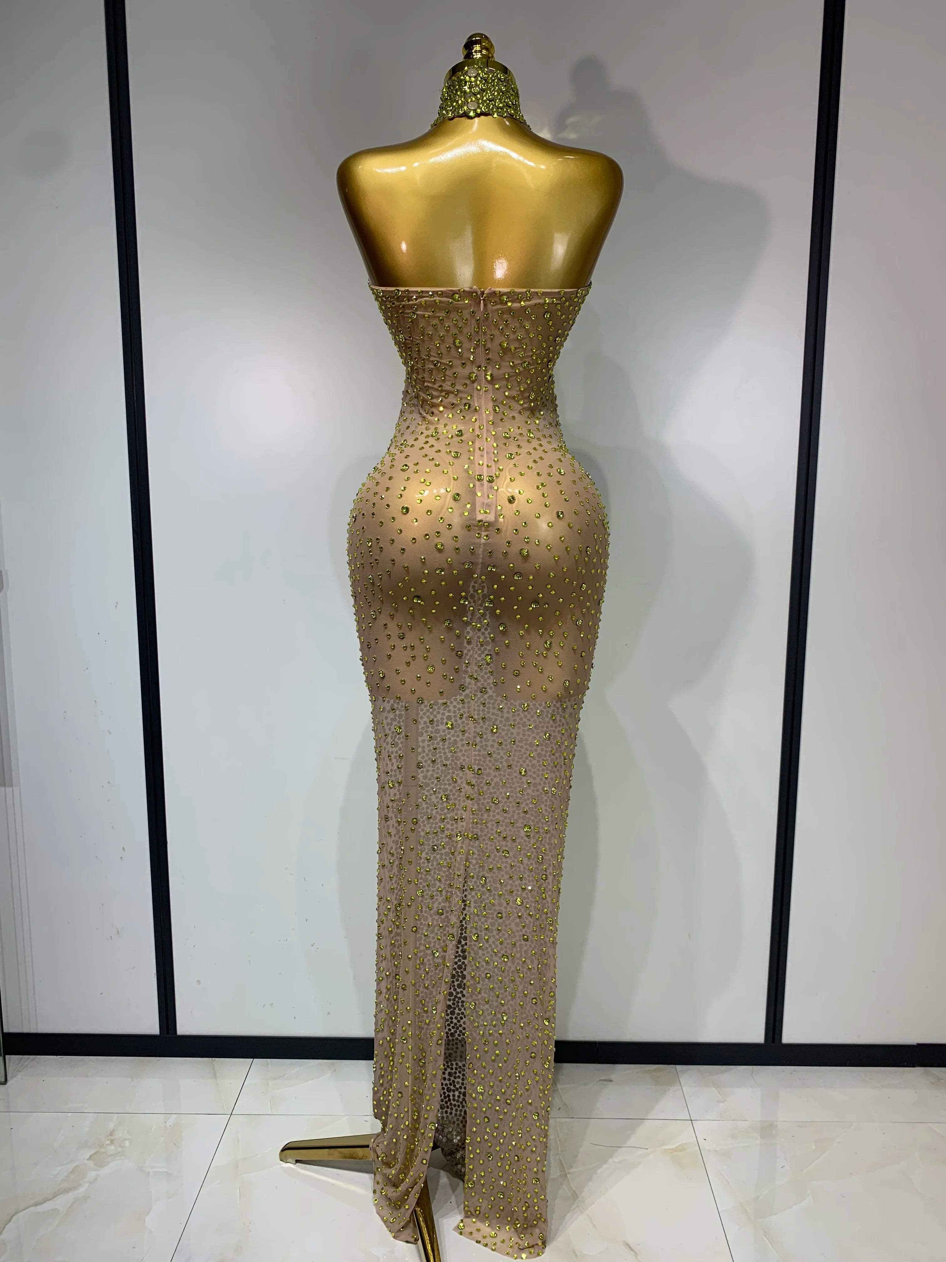 Women Luxury Birthday Celebrate Dress Dancer Party Show Stage Outfit 2025 Sparkly Rhinestone Elastic Mesh See Through Long Dress
