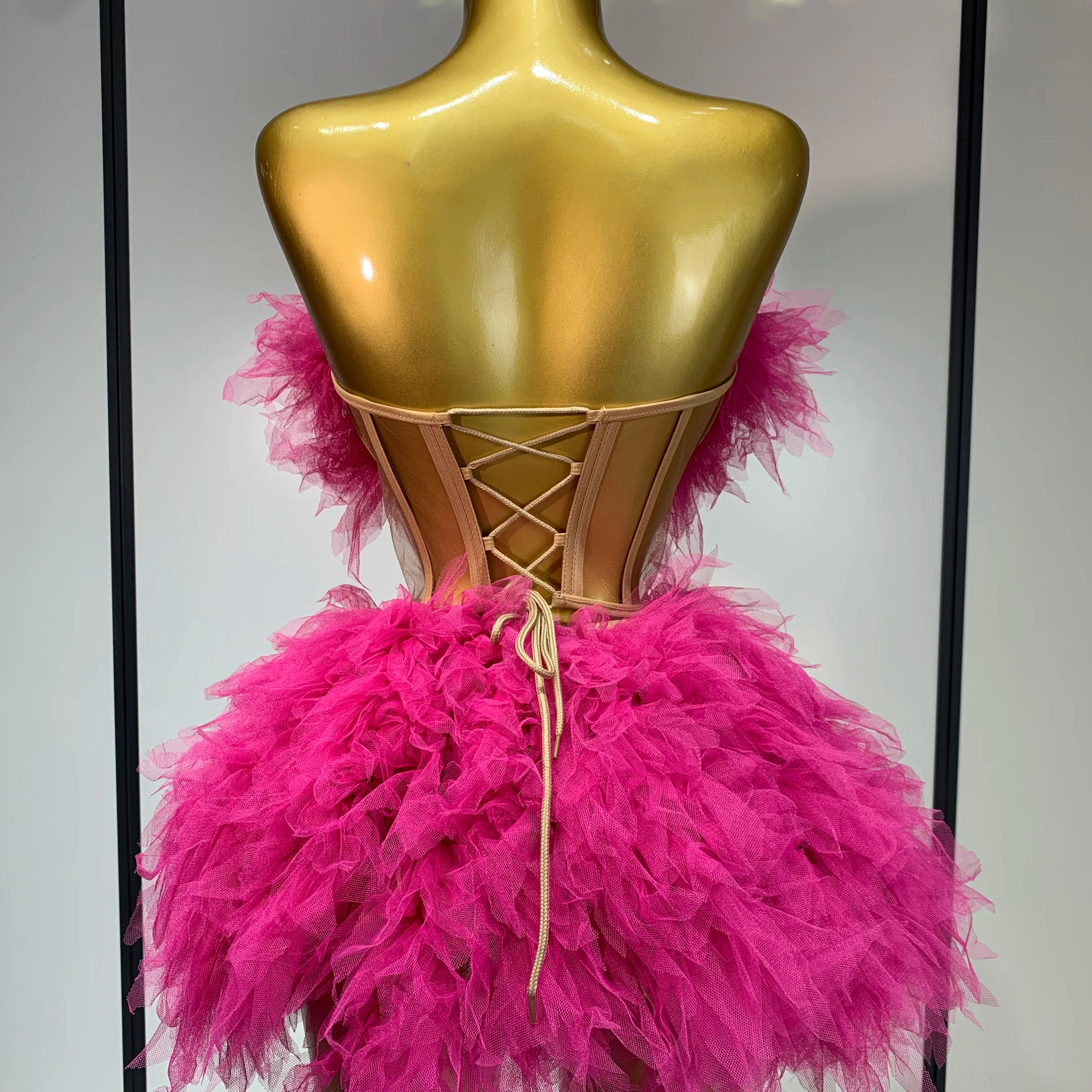 Women Sexy Strapless Mini Two Pieces Set Luxury Birthday Evening Party Dress Bar Nightclub Singer Dancer Stage Outfit