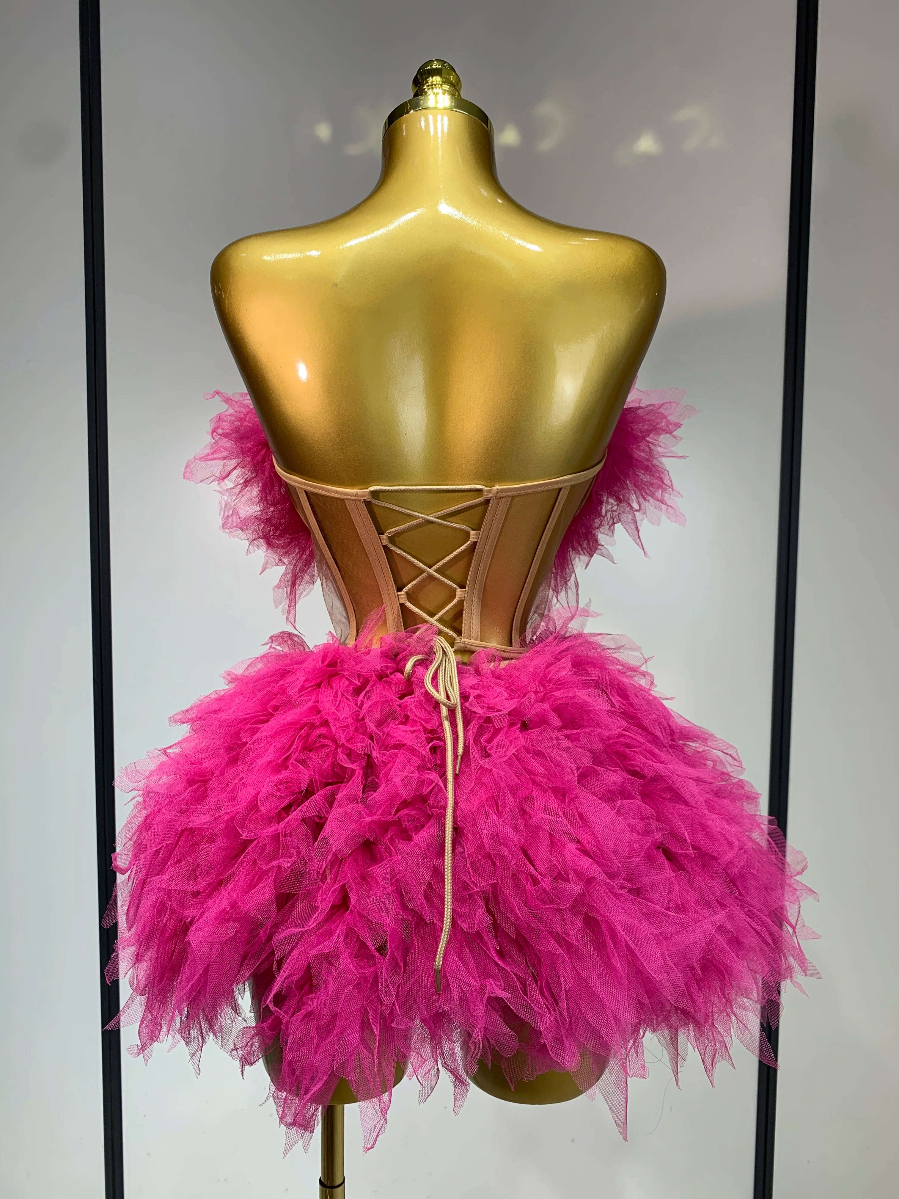 Women Sexy Strapless Mini Two Pieces Set Luxury Birthday Evening Party Dress Bar Nightclub Singer Dancer Stage Outfit