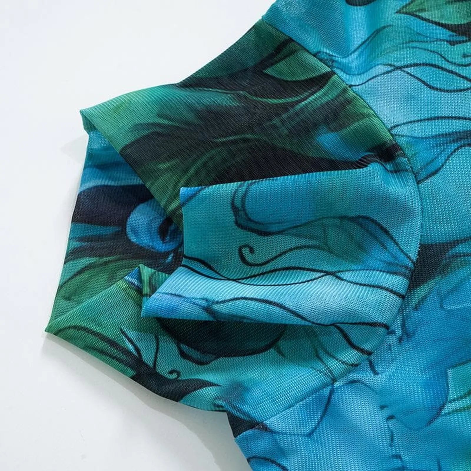 Women'S Dresses Free Shipping Ladies Mesh Printed Round Neck Bell Sleeve Side Open Hip Dress Sexy Stretch Slim Mini Skirt Y2k