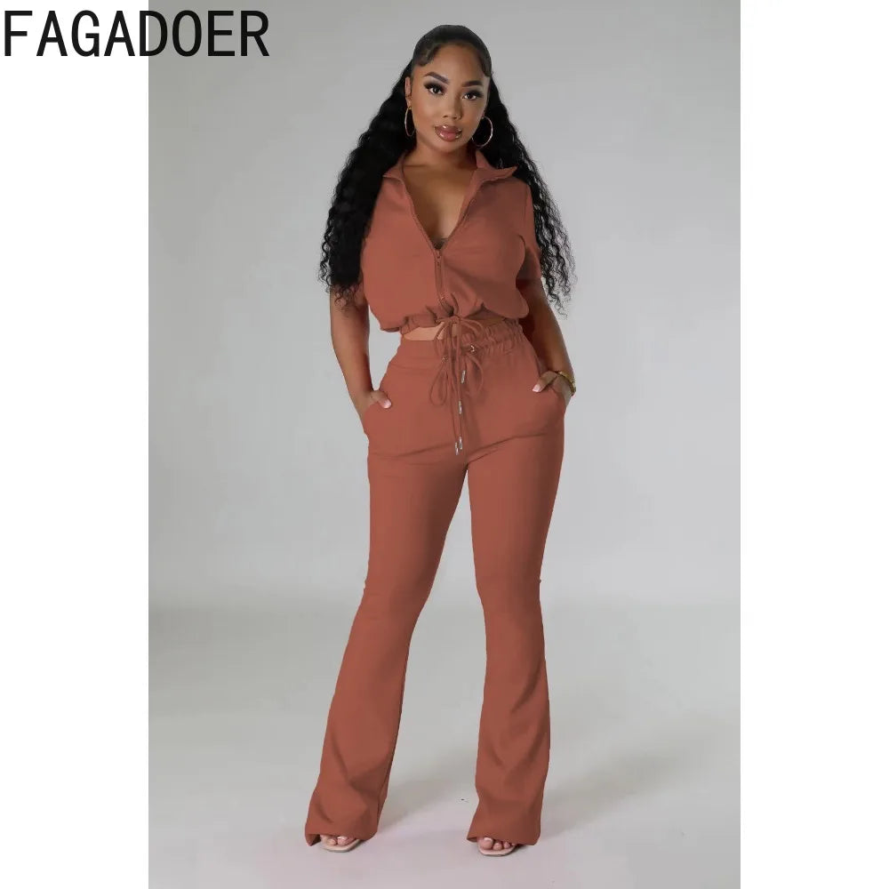 FAGADOER Fashion Solid Color Drawstring Flared Pants Two Piece Sets Women V Neck Short Sleeve Crop Top And Skinny Pants Outfits