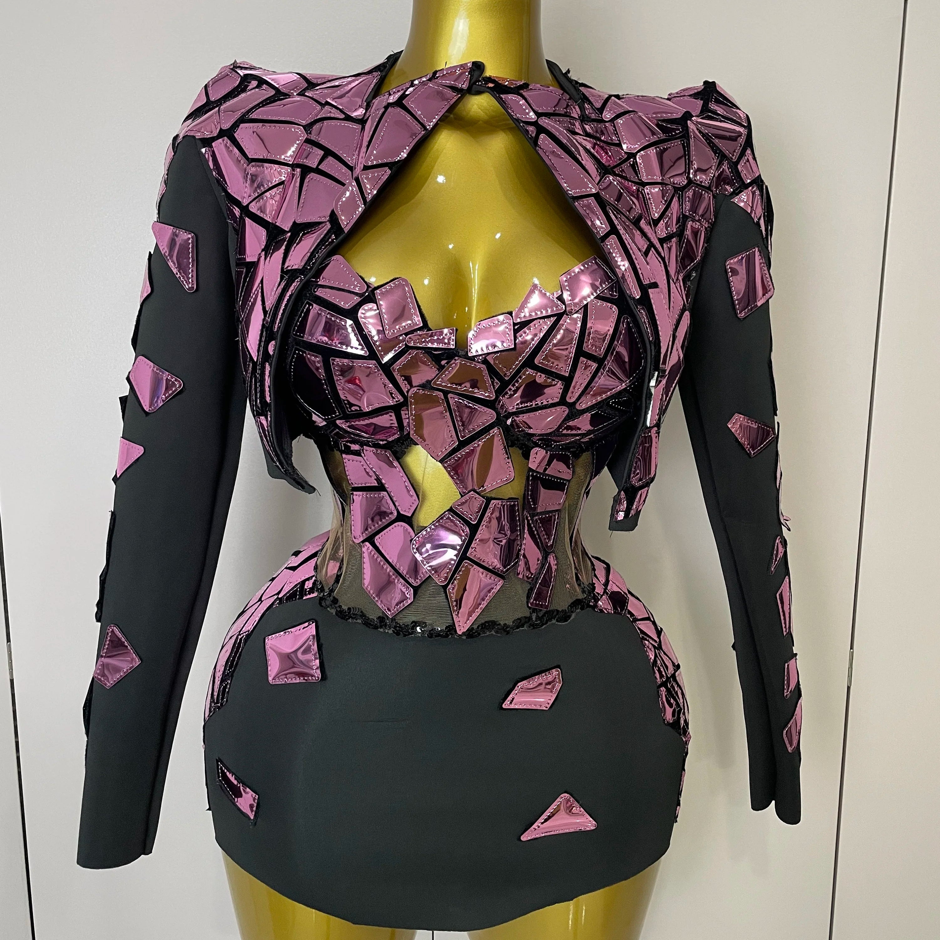 STOCK 2025 Women Sexy Pink Glitter Sequin Mirrors Short Skirt 3pcs Set Birthday Party Nightclub Queen Drag Stage Costume