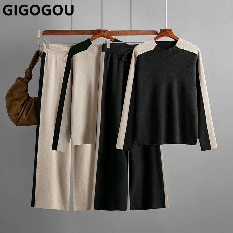 GIGOGOU CHIC Wide Leg Pants Tracksuits Autumn Winter Knit Pullover Sweaters Sets 2 Pieces Sets Full Length Trousers Suits Cloth