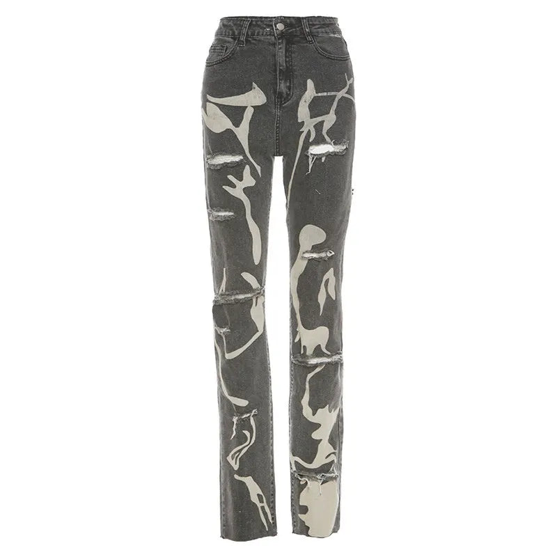 Casual Ripped Hole Jeans Women Fashion Gray Print High Waist Denim Skinny Trousers Streetwear Bottoms Y2K Stacked Pants Gray