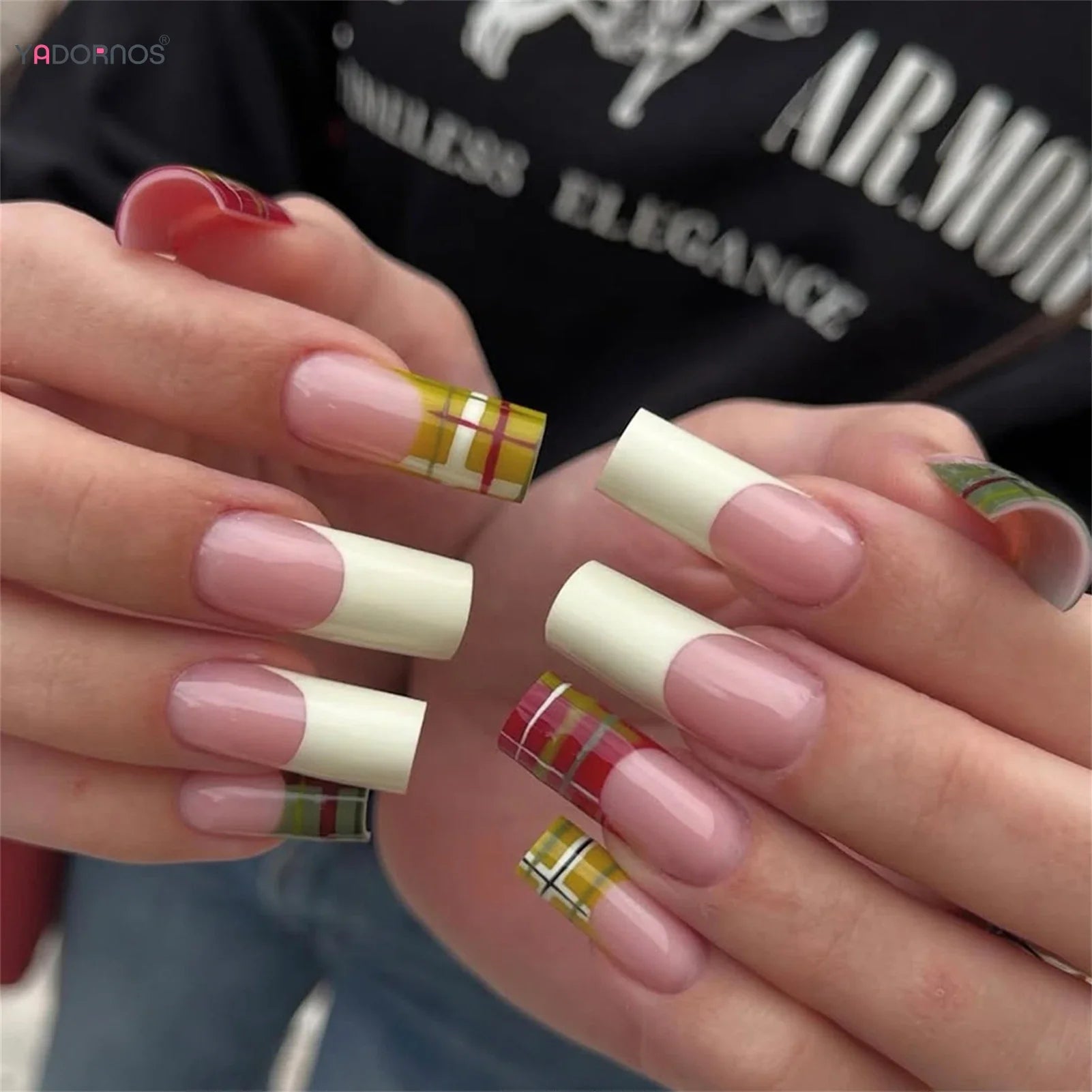 24Pcs White French False Nails Year Plaid Pattern Medium-length Coffin Press On Nails Women Girls DIY Charm Manicure