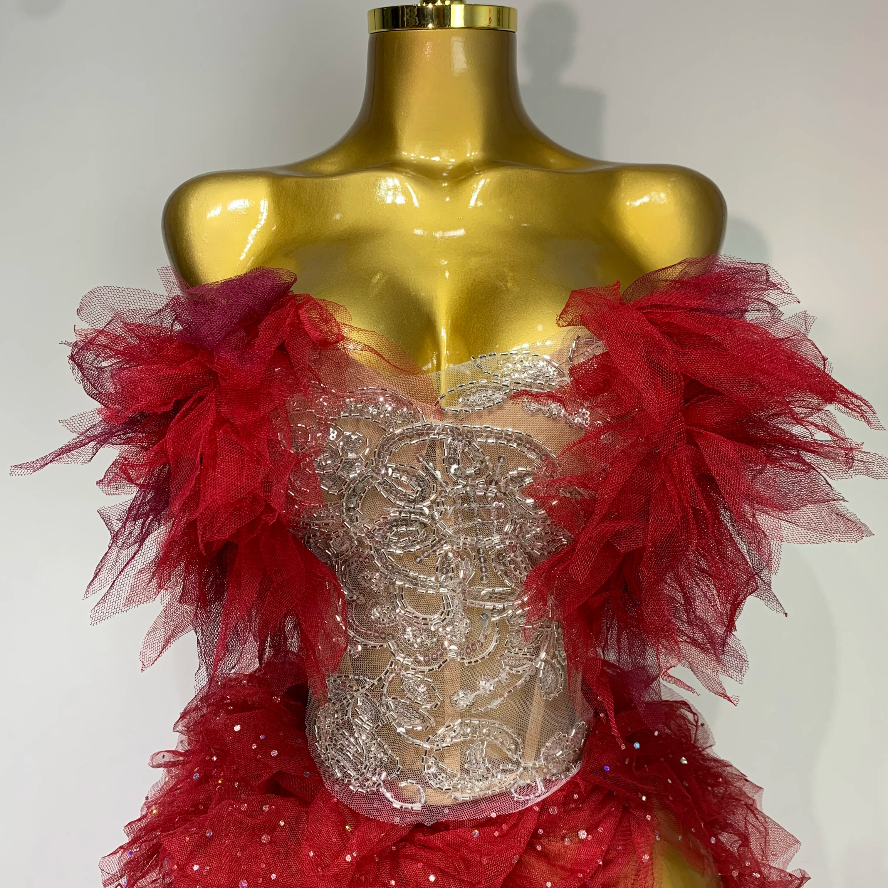 Women Sexy Strapless Mesh two Pieces Set Bodycon Long Dress High Split Nightclub Party Luxury Birthday  Singer Stage Outfit