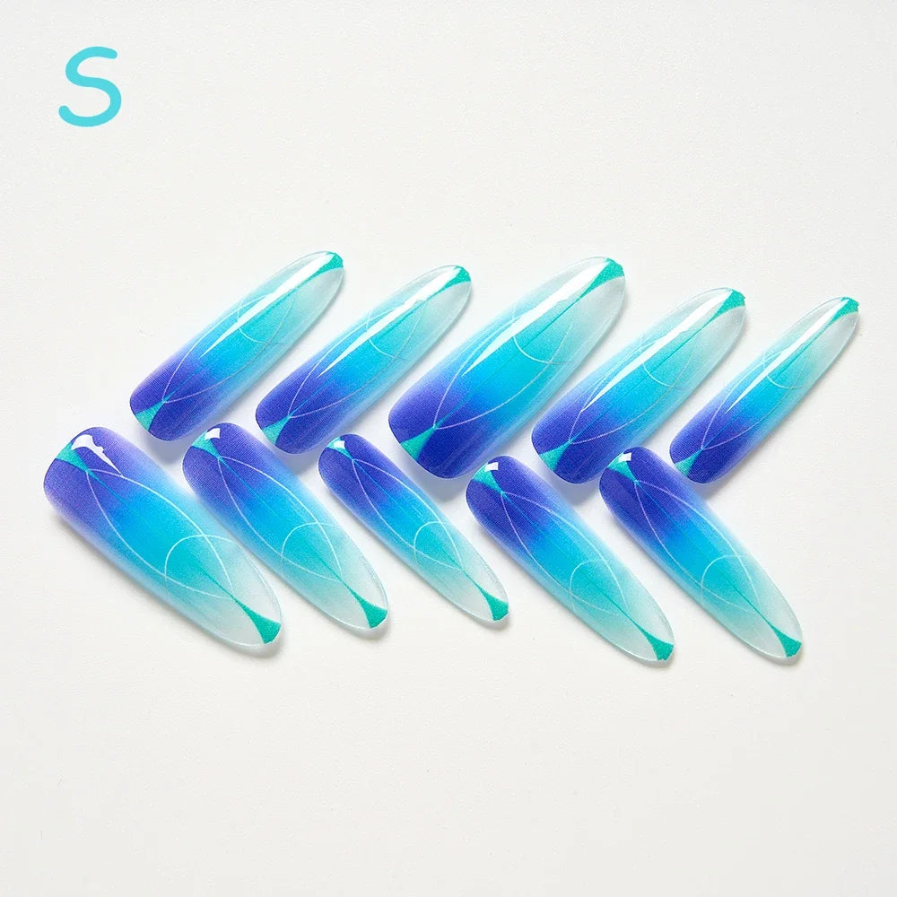 10Pcs/set Lucky Nine-tailed Fox Printed Chinese Style False Nails Long Press-on Acrylic Fakes Nails Adhesive Unique Design