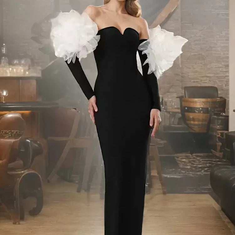 Women Sexy Off Shoulder Long Sleeve Red Black Maxi Long Celebrity Bodycon Bandage Dress 2025 Elegant Evening Club Party Dress