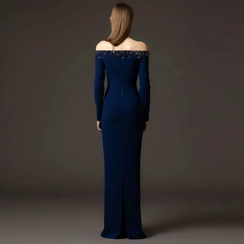 TWOTWINSTYLE Solid Slimming Spliced Bead Luxurious Elegant Dresses for Women Slash Neck Long Sleeves Temperament Dress Female