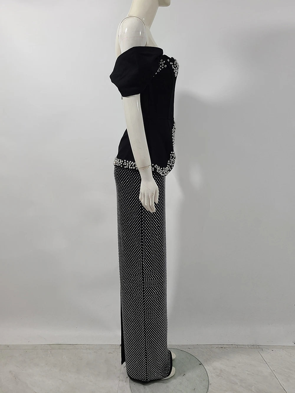 Women Sexy Off Shoulder Pearl Diamond Black Maxi Long Bandage Two Piece Set 2025 Elegant Evening Club Party Prom Gowns