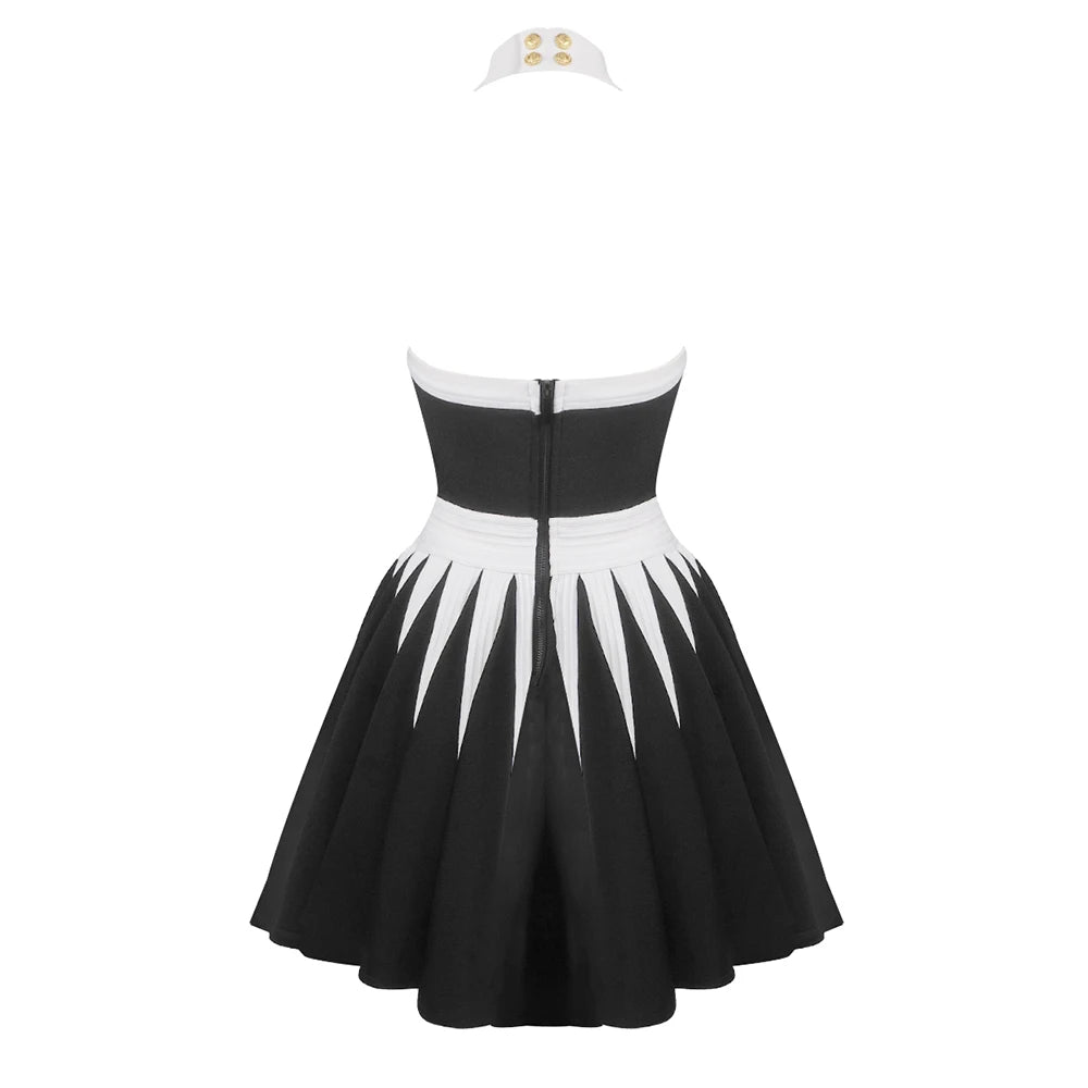 Vestido curto sexy de verão 2024, estilo halter, ombro de fora, linha A, com botões, moda festa de aniversário, vestido de noite