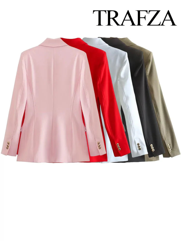 Women's Fashion Long Sleeve Lapel False Pocket Trim Blazer Women's Elegant Double Breasted Solid Color Suit Autumn