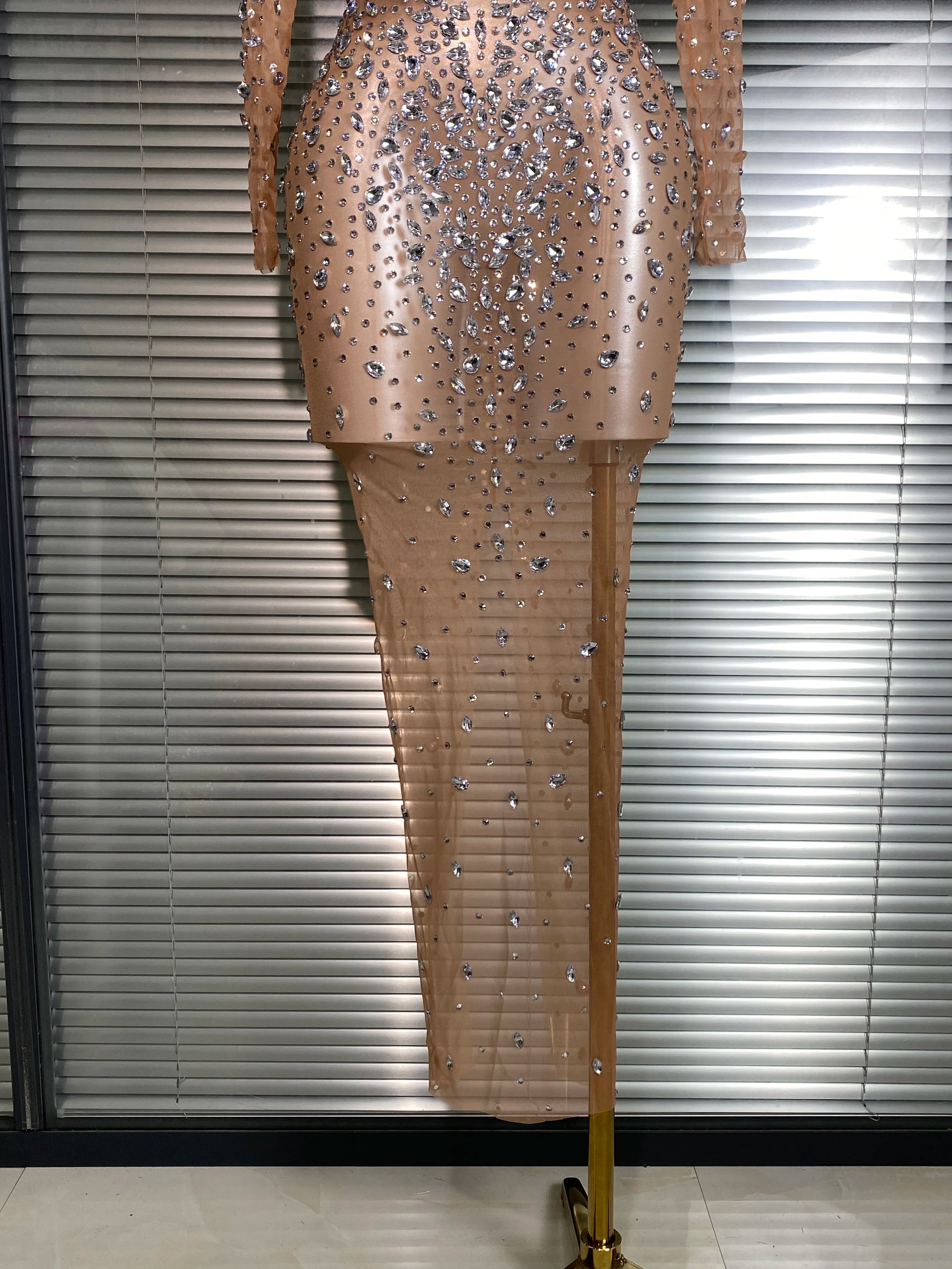 New Women Sexy Long Sleeve Mesh Sequins Maxi Dress See Through Skin Sheer Party Singer Party Costume Stage Performance Dress
