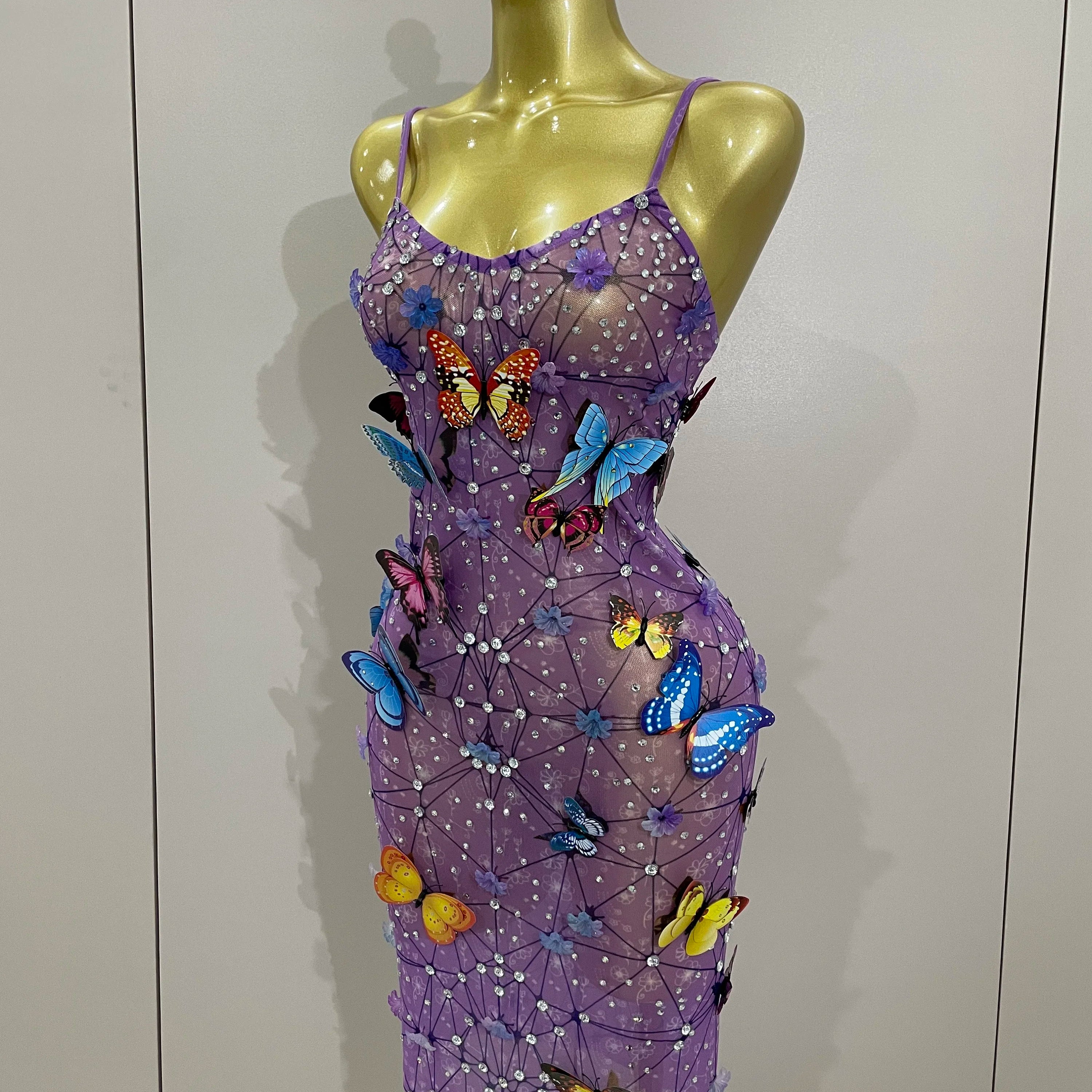 Women Celebrity Luxury Birthday Nightclub Stage Outfit 2025 New Arrival Sparkly Butterfly Purple Sexy Mesh See Through Dress