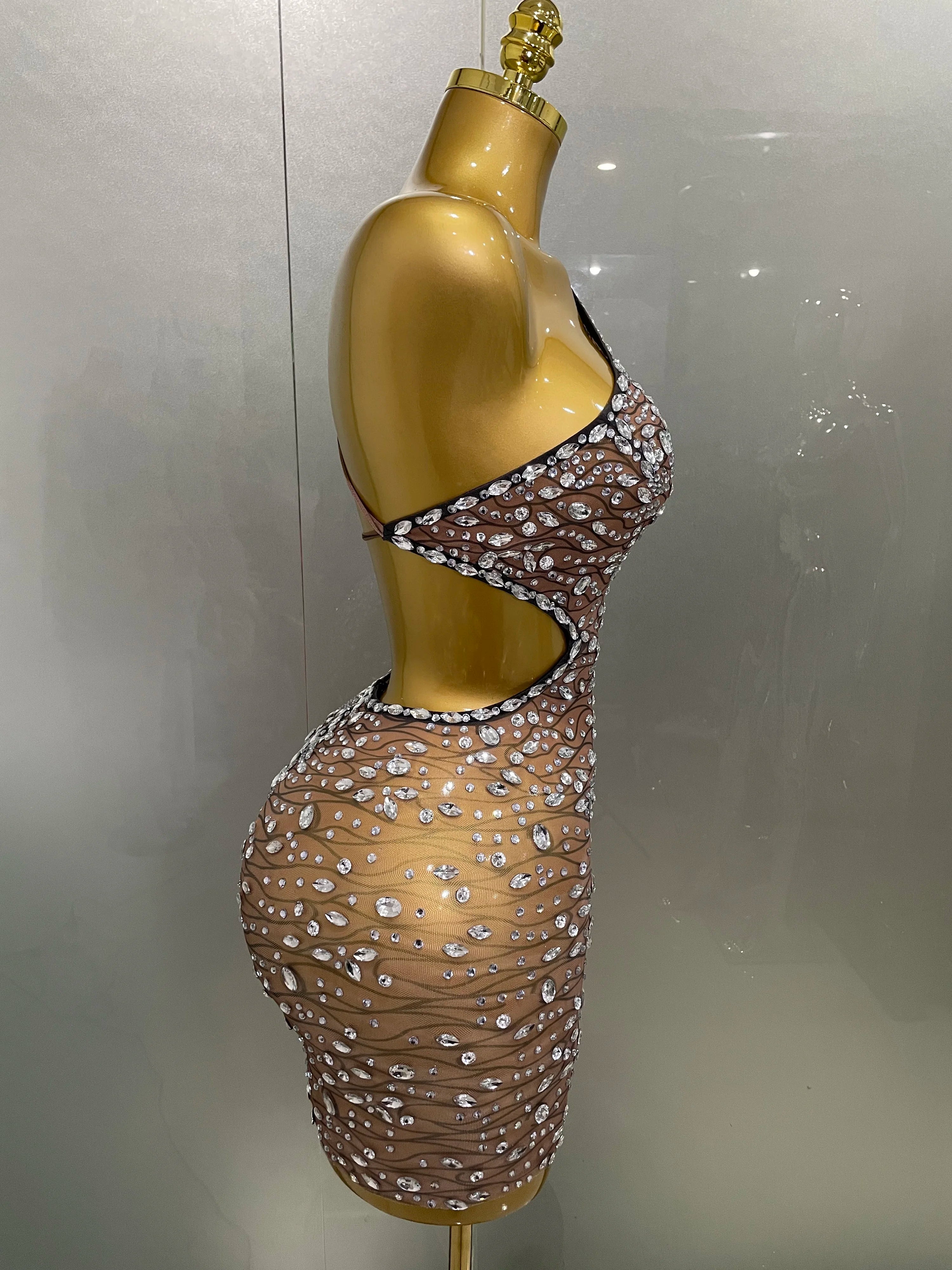 Novo vestido curto sensual brilhante com strass e costas nuas, 2025, para mulheres, festa de aniversário, boate, palco, fantasia