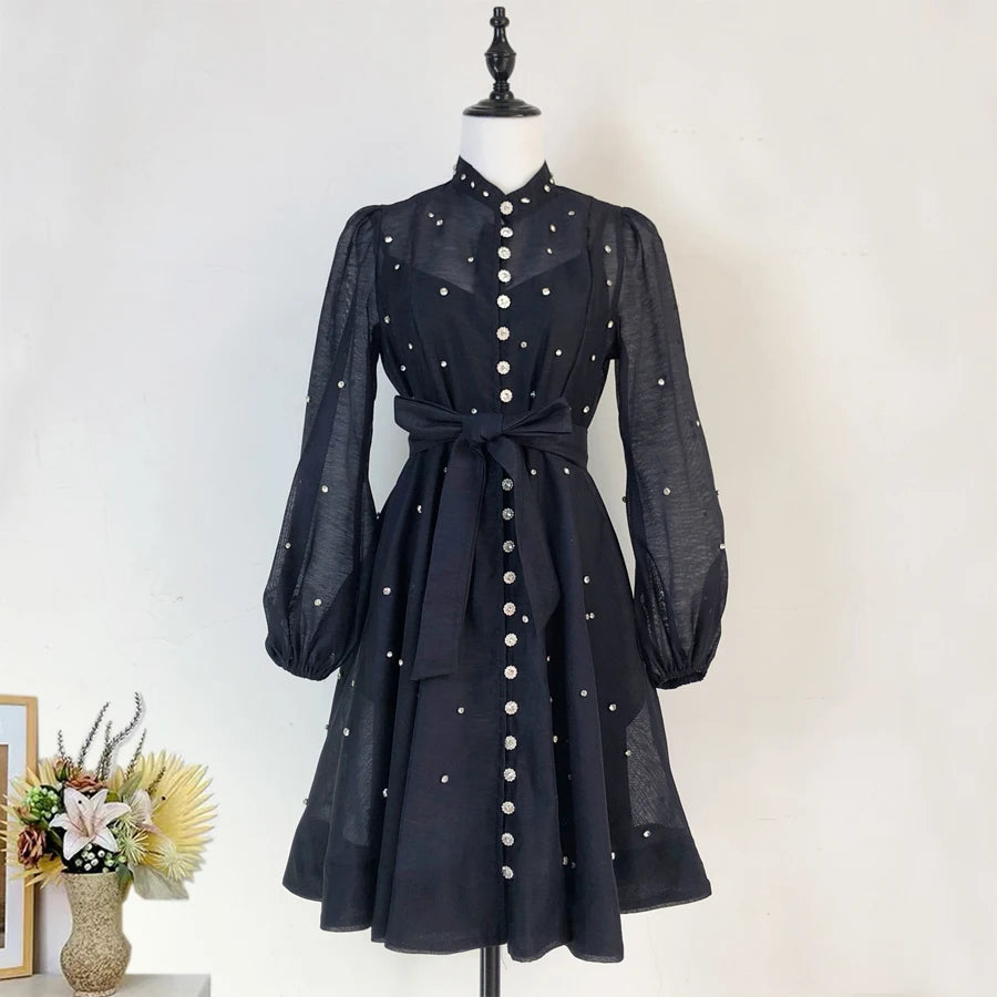 Robe de bal de mariage française de luxe en maille perlée et cristal pour femmes, manches longues lanternes, boutons diamantés, ceinture à lacets, mini-robe