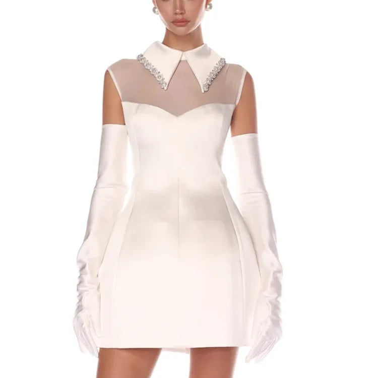 Luxury Women Celebrity Sexy Tank White Pearl Diamonds A Line White Mini Bodycon Dress Elegant Evening Club Party Dress