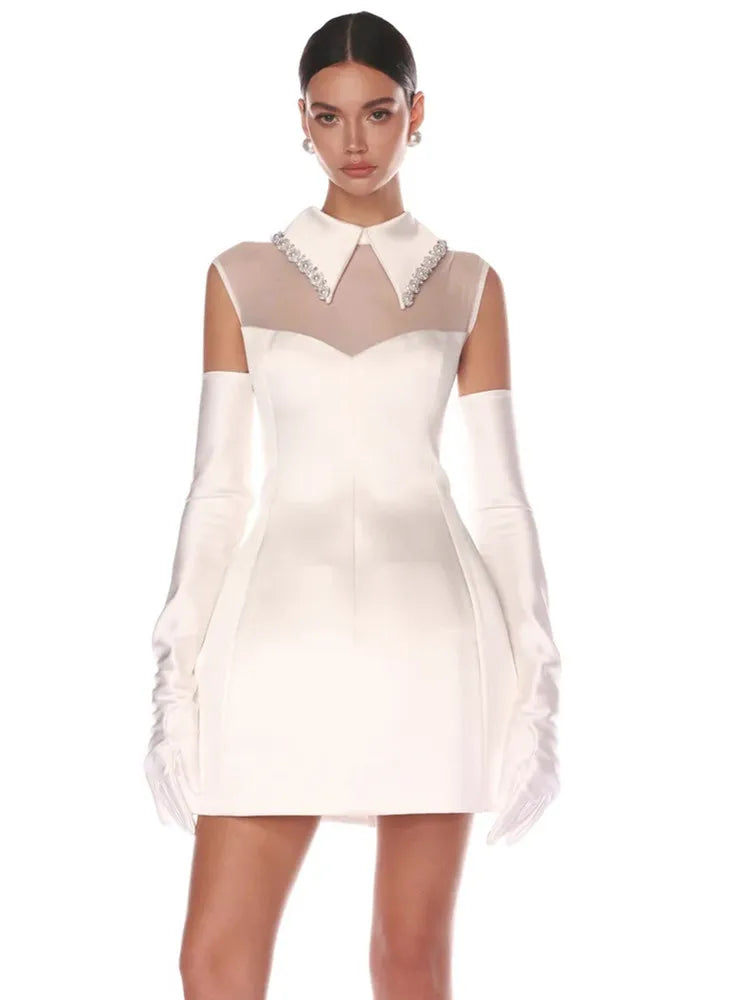 Vestido curto branco de luxo para mulheres, celebridade, sexy, com pérolas e diamantes, linha A, justo, elegante, para festa à noite