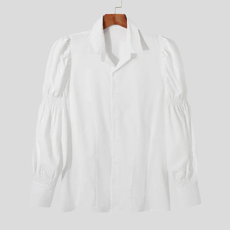 INCERUN Tops American Style New Men Solid Puff Sleeve Shape Blouse Fashion Party Shows Male Loose Long-sleeved Shirts S-5XL White