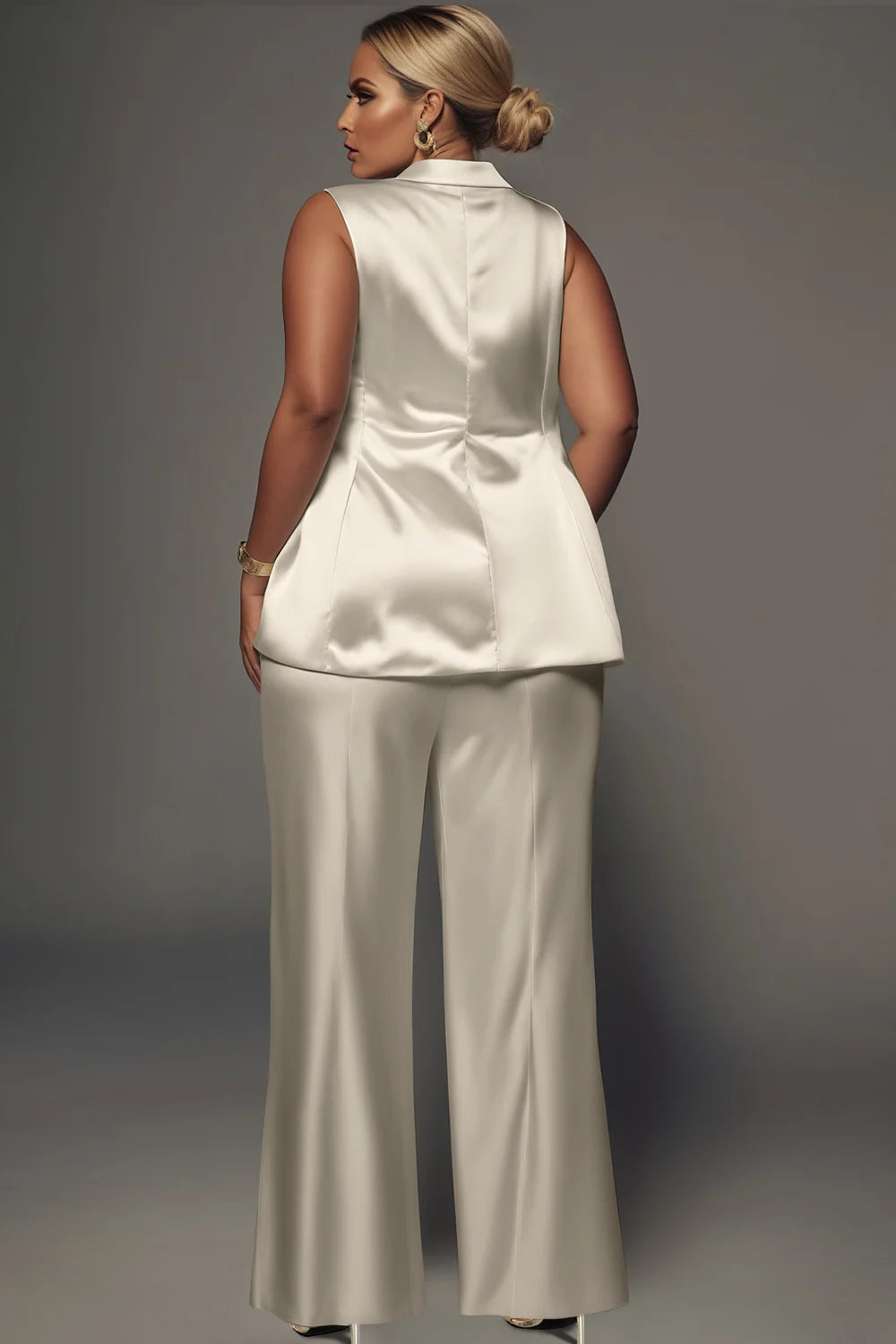 Plus Size Business Casual White Lapel Collar Pocket Wide Leg Satin Two Piece Pant Suits
