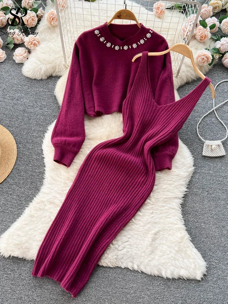 Korean Fashion Knitted Dress Sets Women Elegant Long Sleeve Pearl Sweater+Knitted Camis Dress Sets Sweater Casual Pullovers Suit Rose red One Size