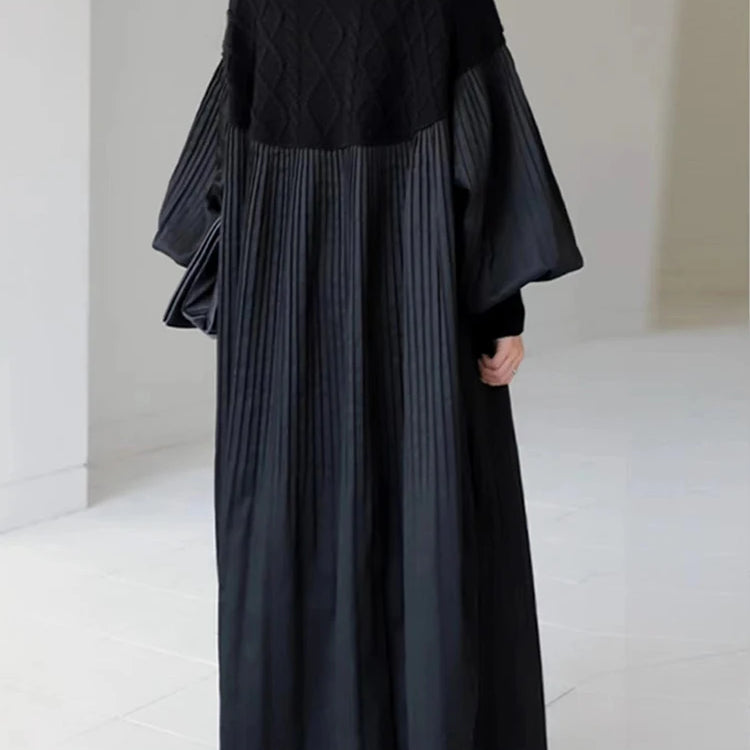 Vintage Black Hollow Out Knitted Patchwork Long Sleeve Pullover Dress Casual Loose Mid Long Vestidos Autumn Winter