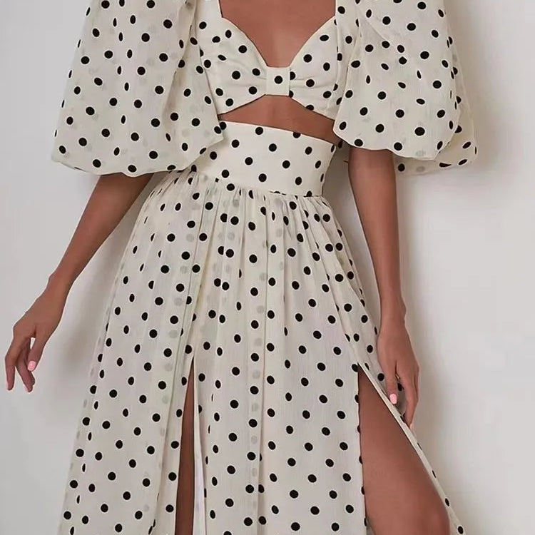 TWOTWINSTYLE elegant Polka dot two piece sets square collar puff sleeve tops high waist split skirt chic set female fashion 2023