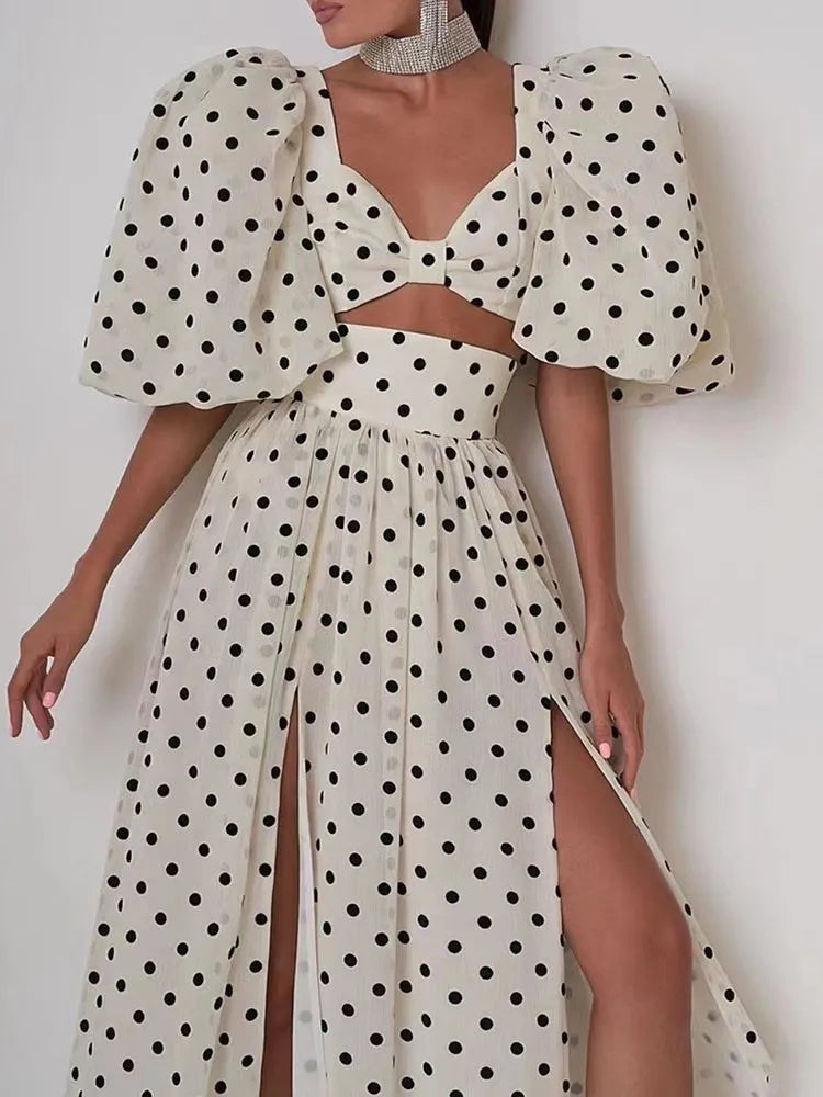 TWOTWINSTYLE elegant Polka dot two piece sets square collar puff sleeve tops high waist split skirt chic set female fashion 2023