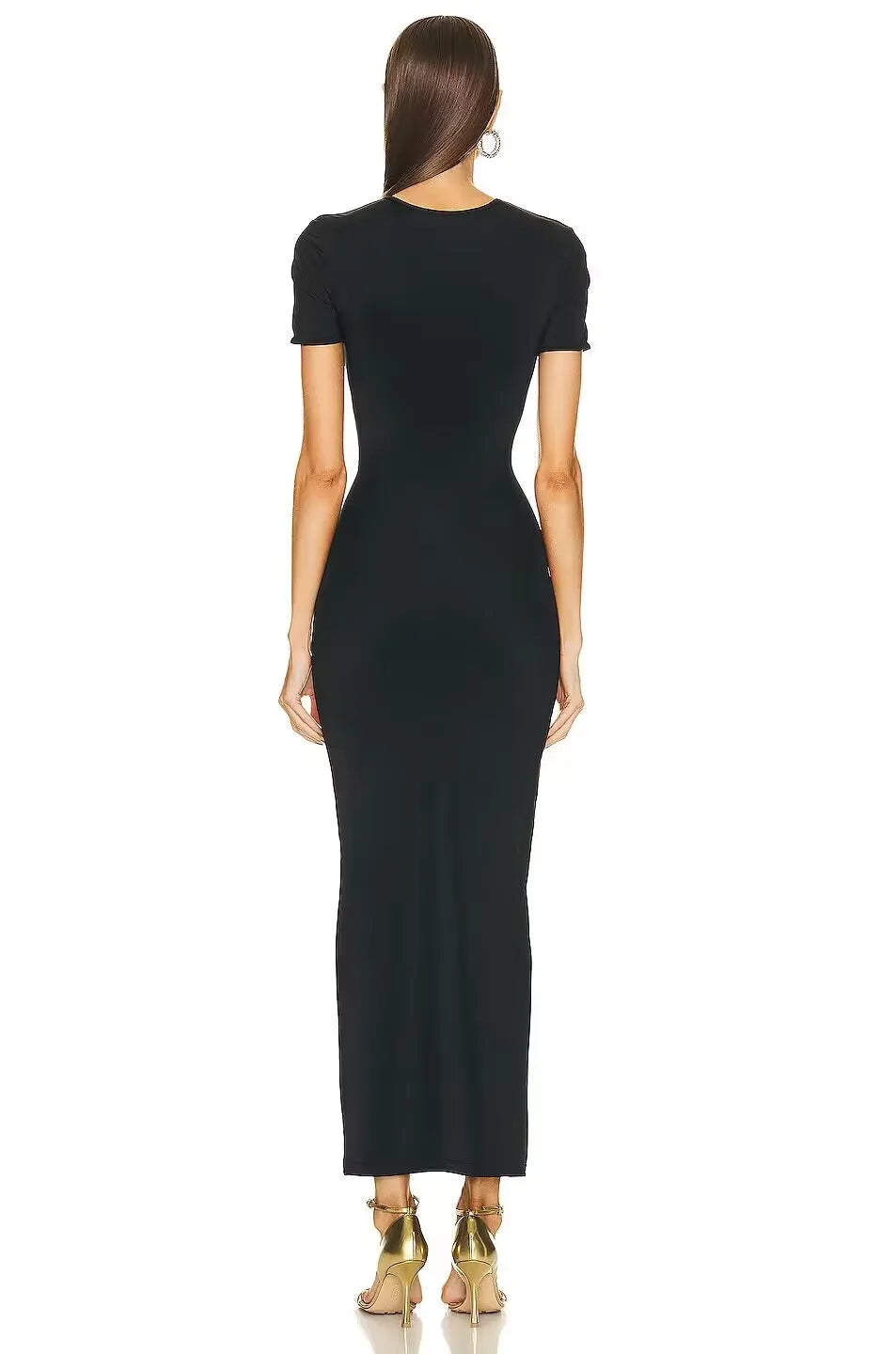Metal Button Sexy Short Sleeve Hollow Out Tight Bandage 2023 Summer Women V Neck Celebrity Party Elegant Fashion Mid Dresses