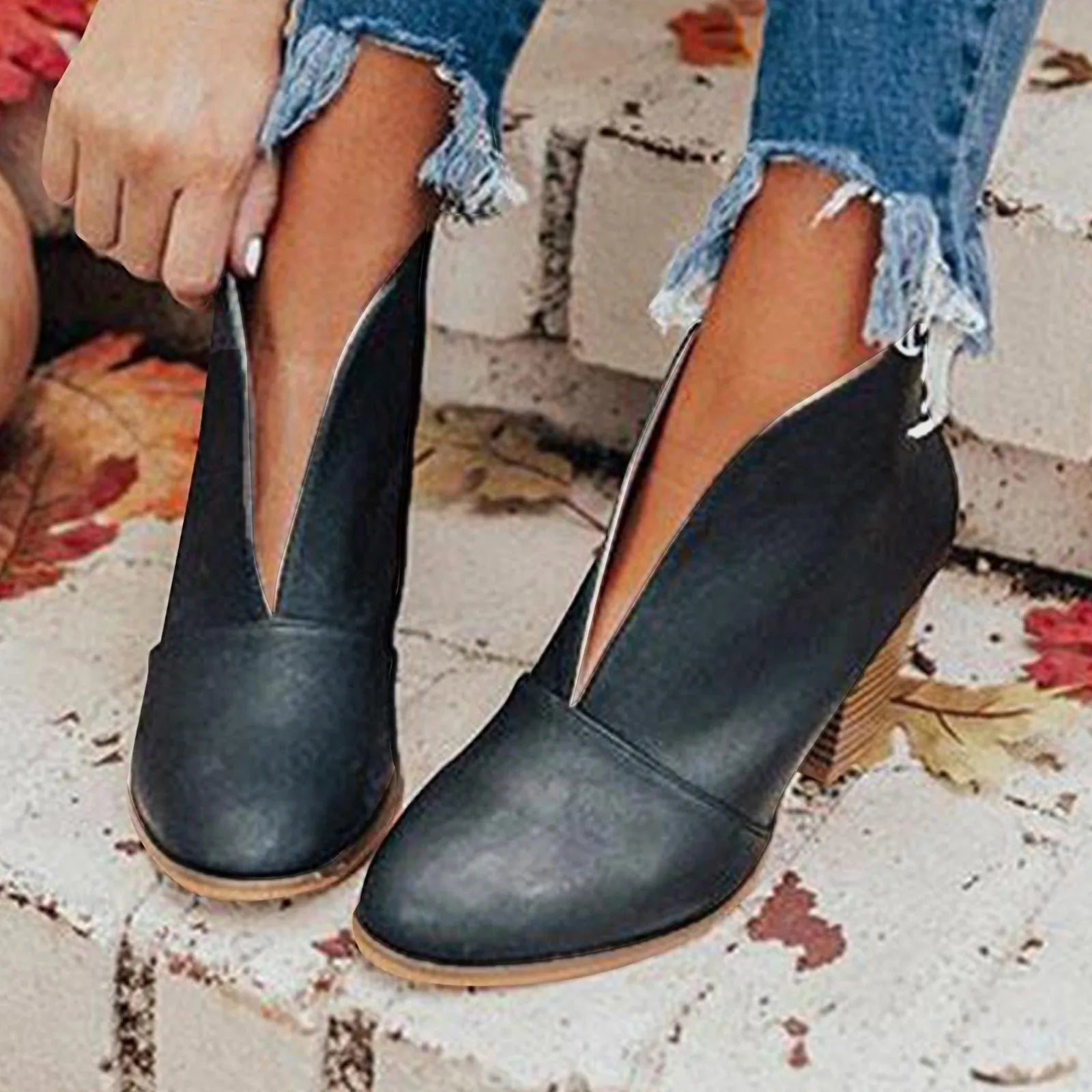 Women's Boots split Ankle Boots Stacked Heel booties for women Fahsion Leather Short Boots Temperament elegant flat shoes 1-Black